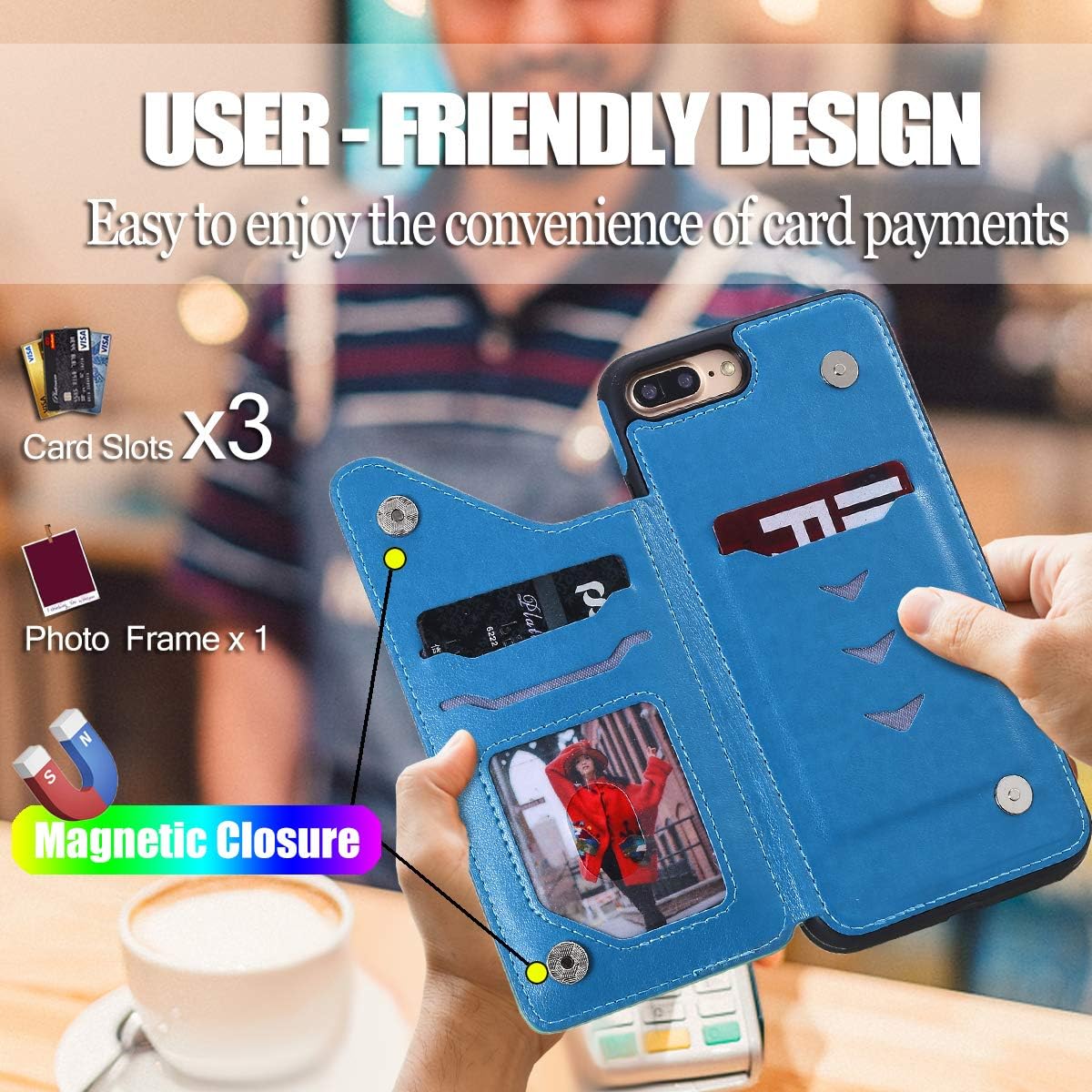 Vodico iPhone 8 Plus Wallet Case for Women,iPhone 7 Plus Case with Card Holder, Cute Girly Slim Folio Flip Butterfly Leather Magnetic Clasp Purse Case with Credit Card Slots&Stand for Girls (Blue)