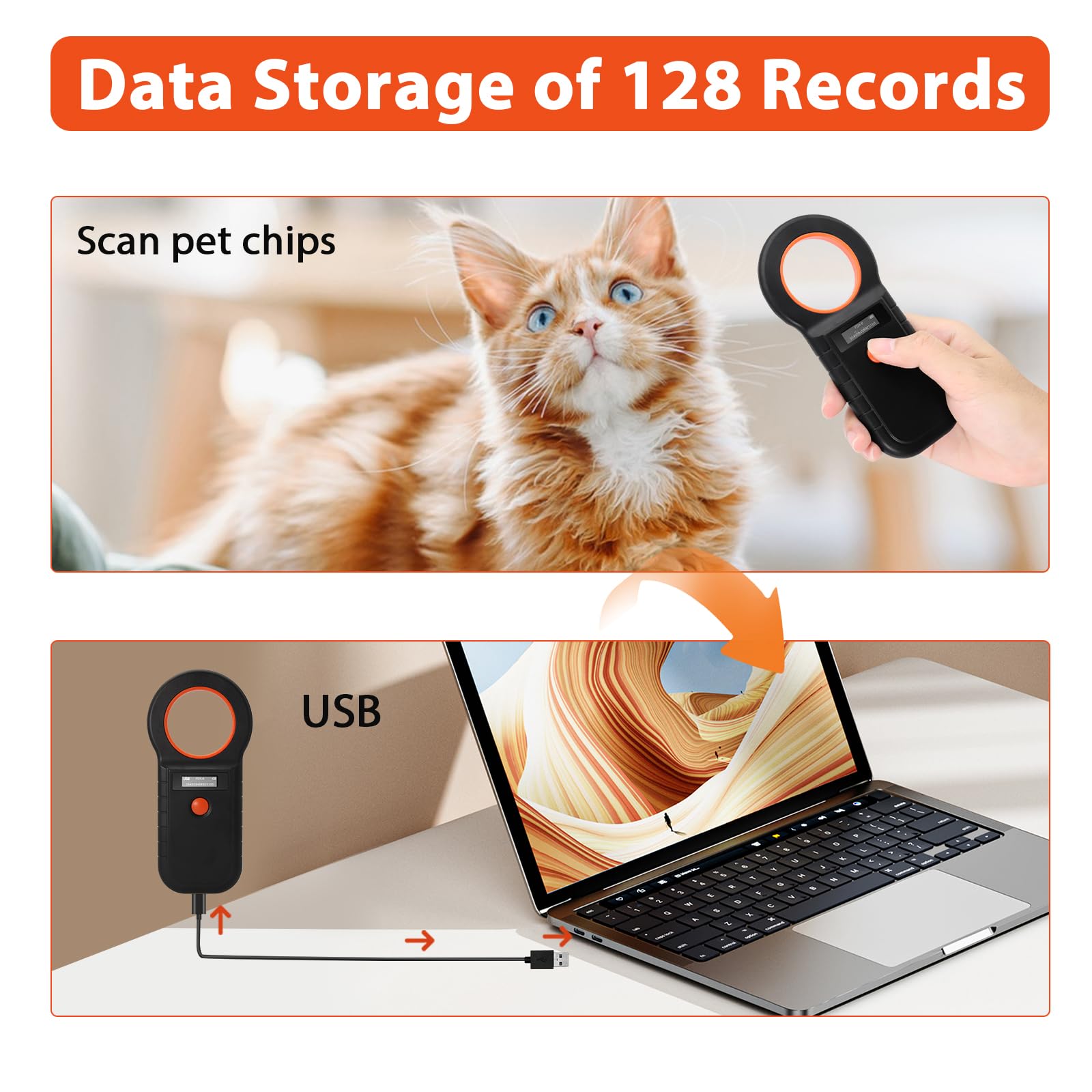 Lecteur de puces pour Animaux de puces pour Chiens/Chats, Lecteur de Micropuces RFID, 134,2 kHz, ISO11784/85/HFDX-B/EMID