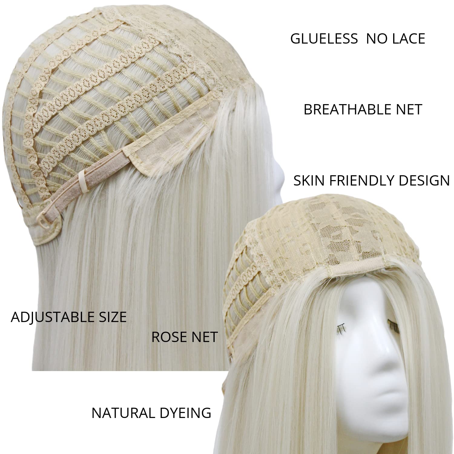60 White Blonde Wig Straight Heat Resistant Glueless Full Wig Middle Part None Lace