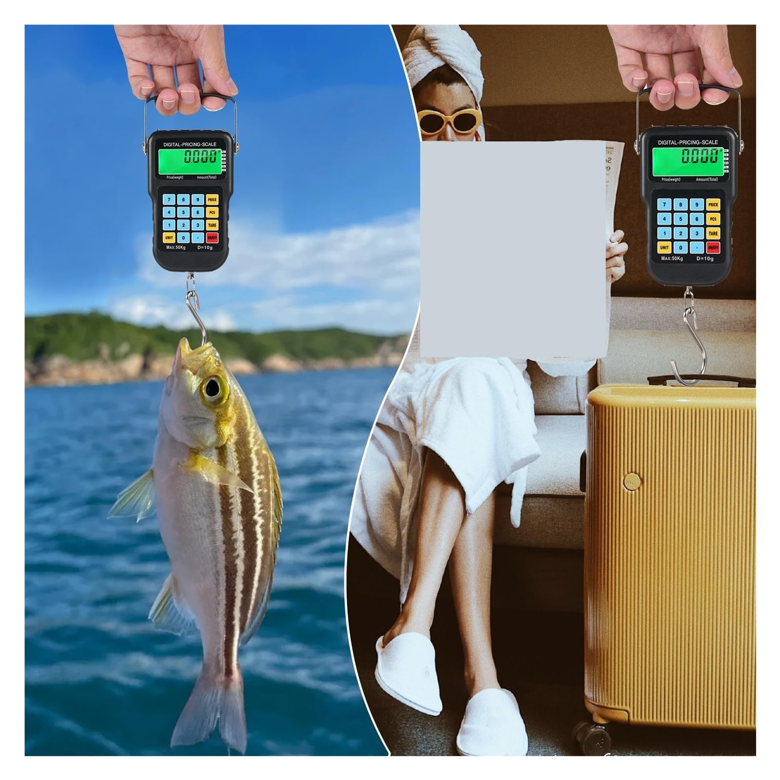 Waga cyfrowa 110 funtów/50 kg, podświetlana LCD, elektroniczna waga wędkarska, wisząca