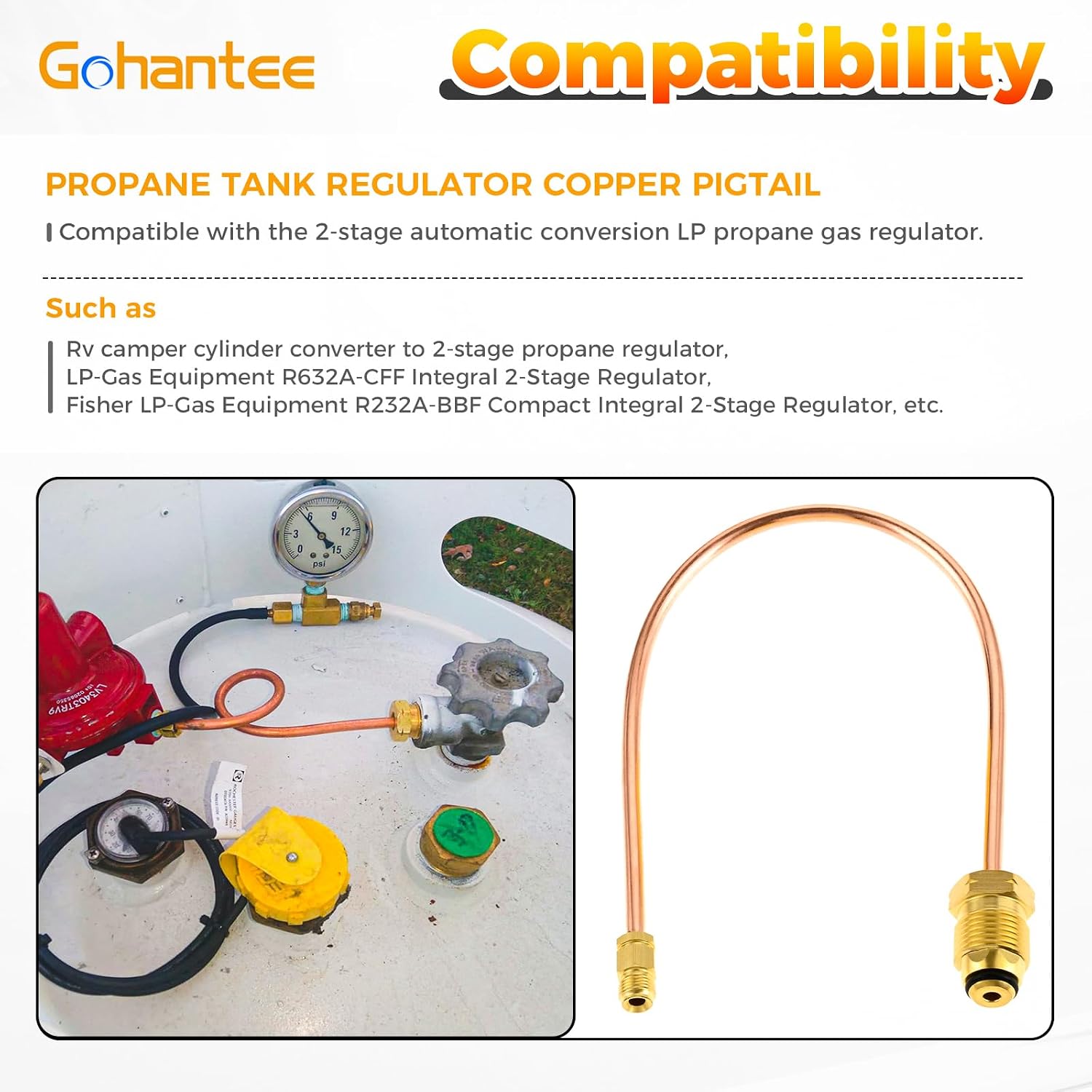 Gohantee Propane Regulator Copper Pigtail POL x 1/4' Inverted Male Flare, Auto Changeover Regulator Copper Pigtail - 15 inches
