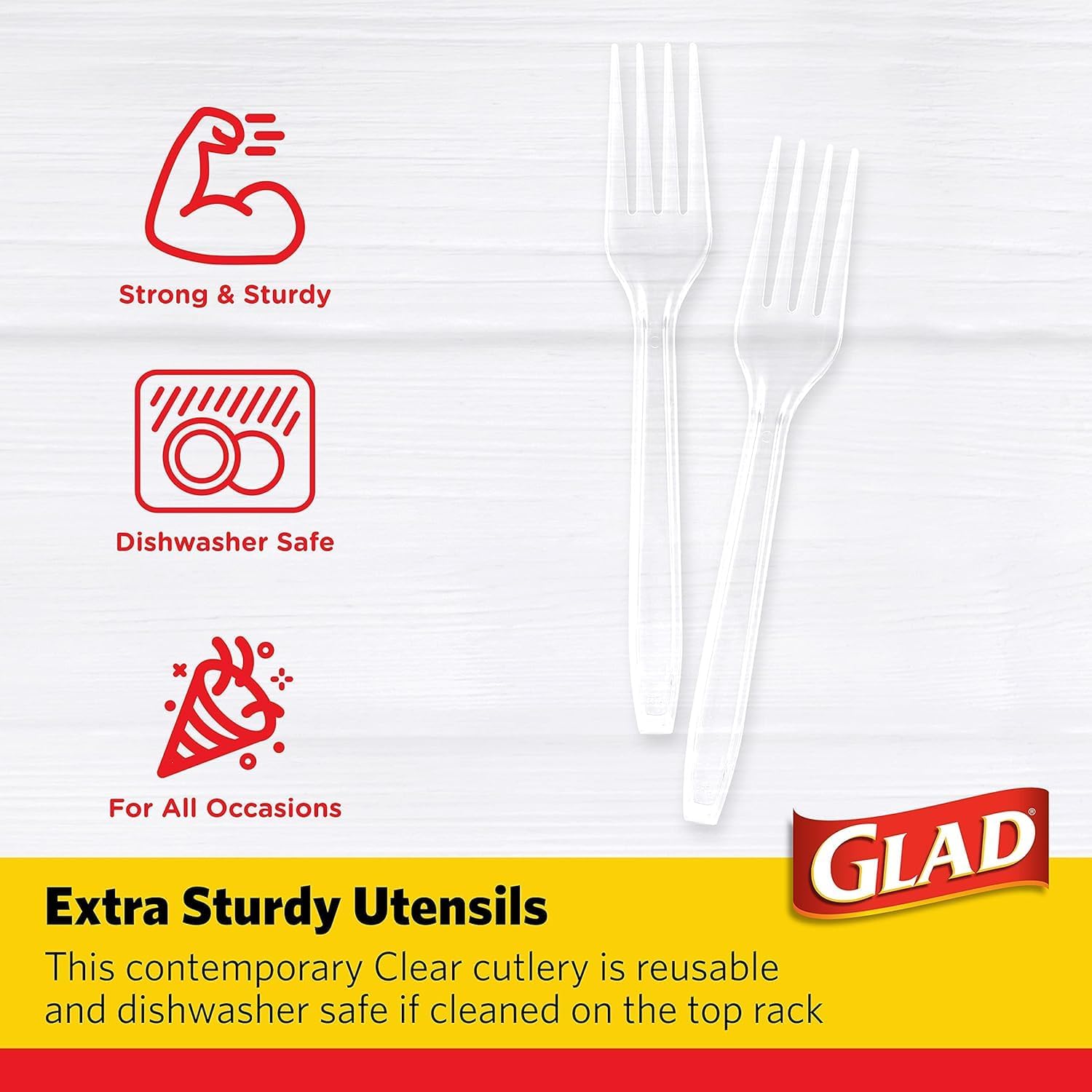 Glad Clear Heavy Duty Plastic Forks, Reduced-Plastic Open Handle, Break-Resistant Disposable or Top-Rack Reusable Cutlery for Parties, Camping & Everyday Meals, Standard Size, 24 Count - 12 Pack