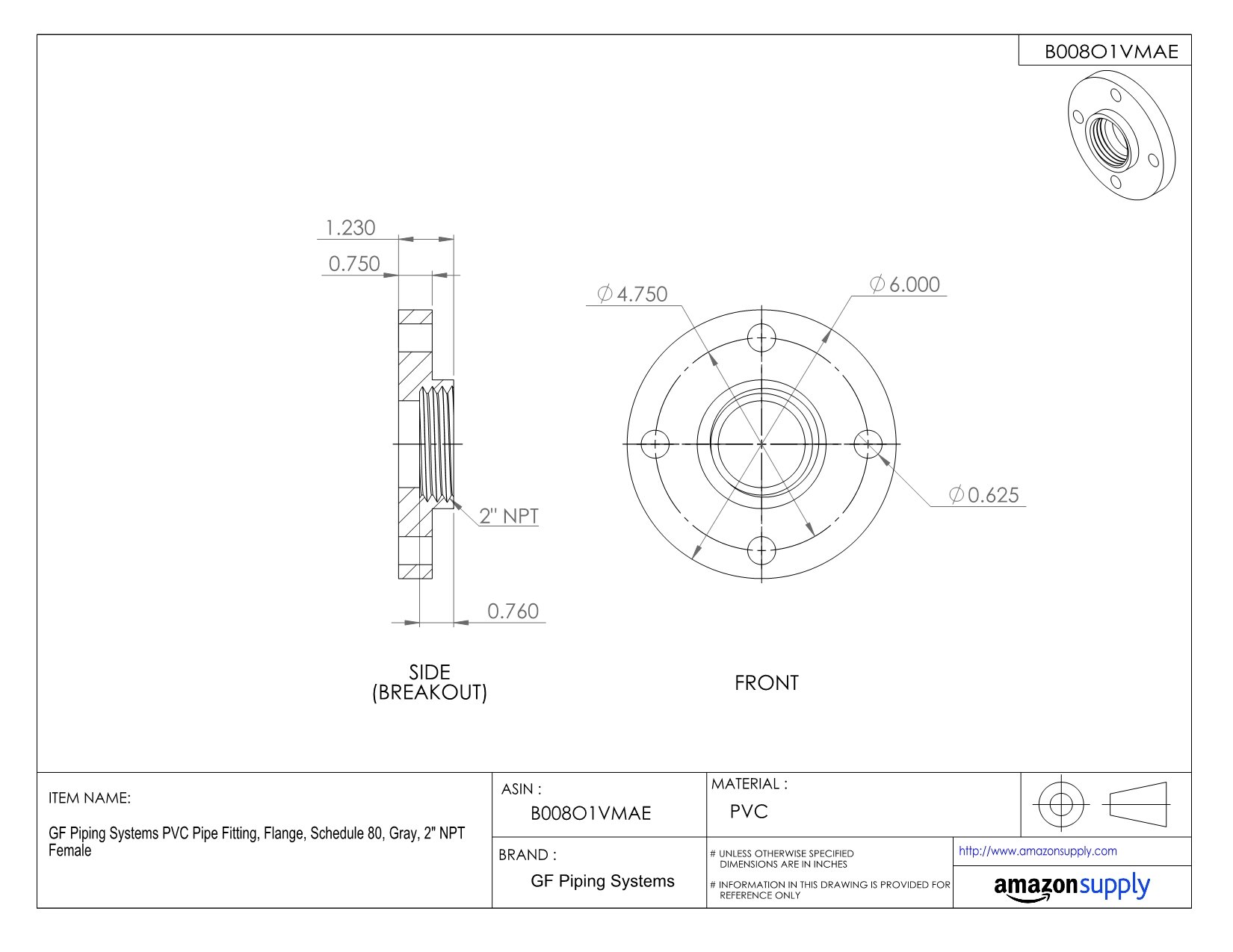 GF Piping Systems PVC Pipe Fitting, Flange, Schedule 80, Gray, 2" NPT