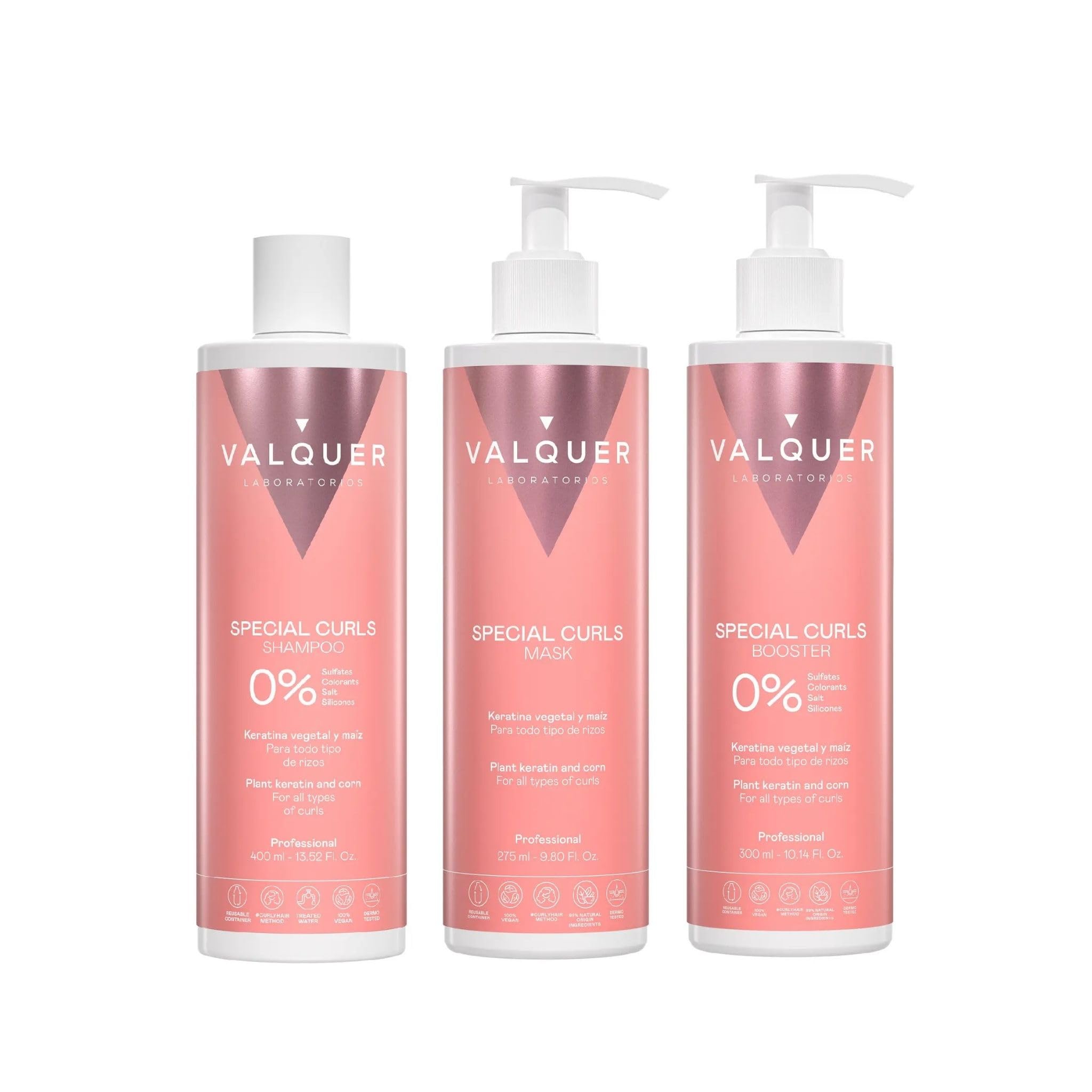 Valquer Pack Especial Rizos Champú 400ml, Mascarilla 275ml y Booster Activador 300ml. Tratamiento del Cabello Rizado Método Curly Rizos Definidos. Hidrata y Suaviza con Keratina Vegetal y Maíz. Vegano