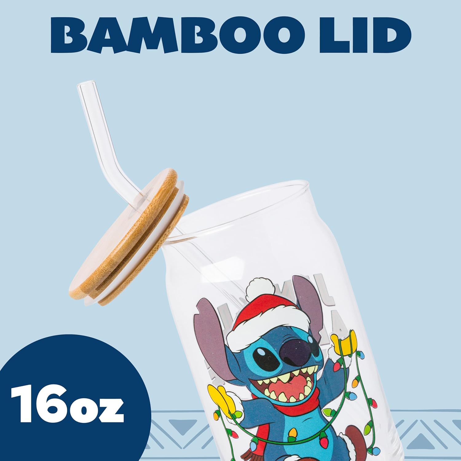 Silver Buffalo Disney Lilo and Stitch “Jingle All the Way” Glass Tumbler with Bamboo Lid and Glass Straw Featuring Stitch, 16 Ounces - Image 3