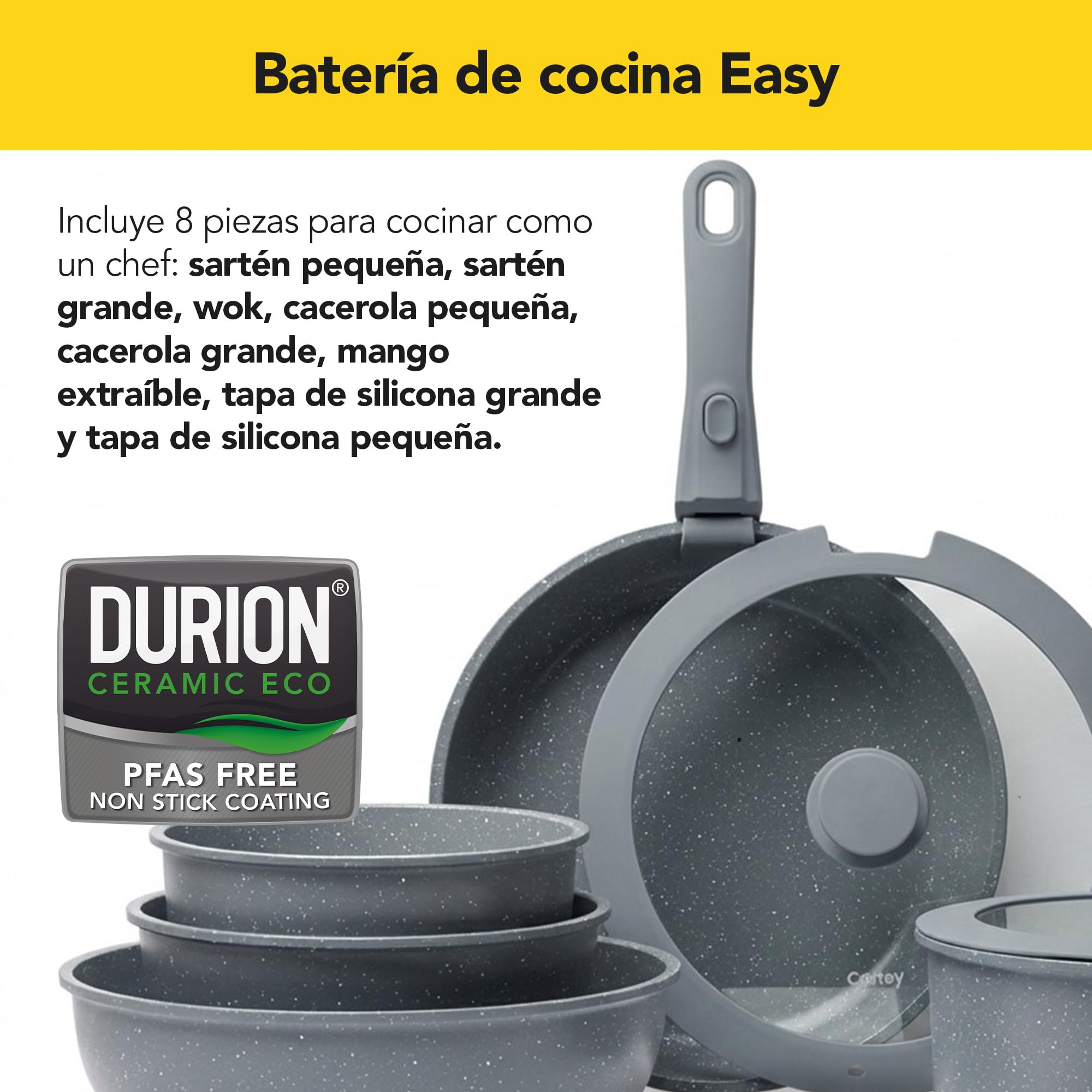 CASTEY - Batería de Cocina 8 Piezas, Modelo BAT-C8GR, Acero Inoxidable 18/10, Base de Aluminio, Recubrimiento Antiadherente Sin PFOA, Sartenes, Ollas y Cacerolas con Tapa y Mango Extraíble, Gris