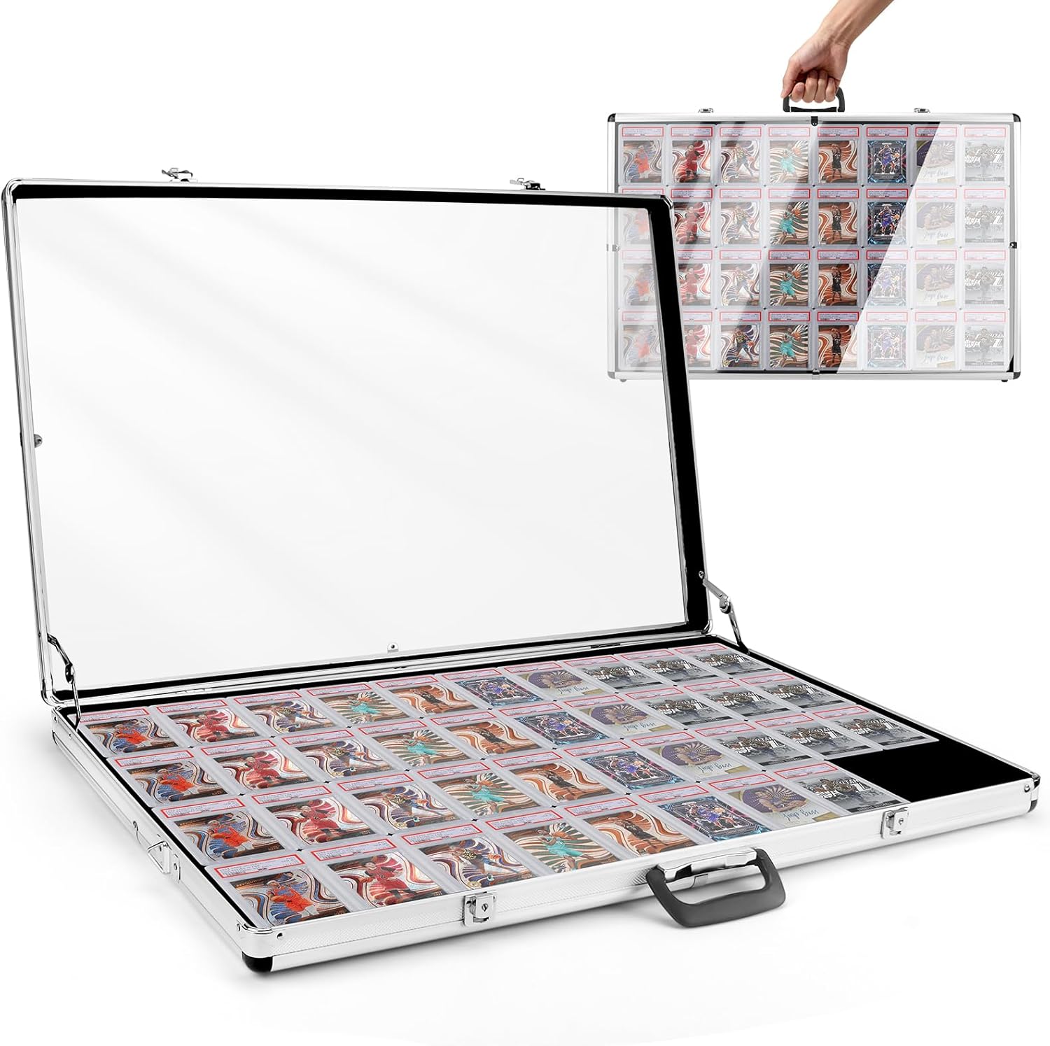 Sports Card Display Case 34"x22", Aluminum Show Card Display Case Lockable with Handle,Portable Large Table Top Display Hold Upto 60 Slabs for Sports Cards,TCG,Jewelry Collectible,Silver