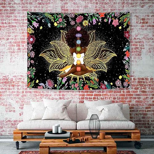 Miniatura 4 de Ine Ive Tapiz de chakra africano, mujer afroamericana, tapiz de meditación zen de 40 x 30 pulgadas, tapiz de jardín con flores de cielo estrellado,