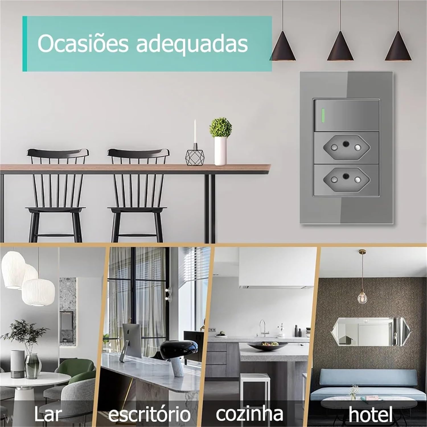 Grey Glass Panel Brazil Standard Outlet Series, 118 * 75mm Wall Telephone Computer Socket Switch Combination for Office Home(3 Socket)