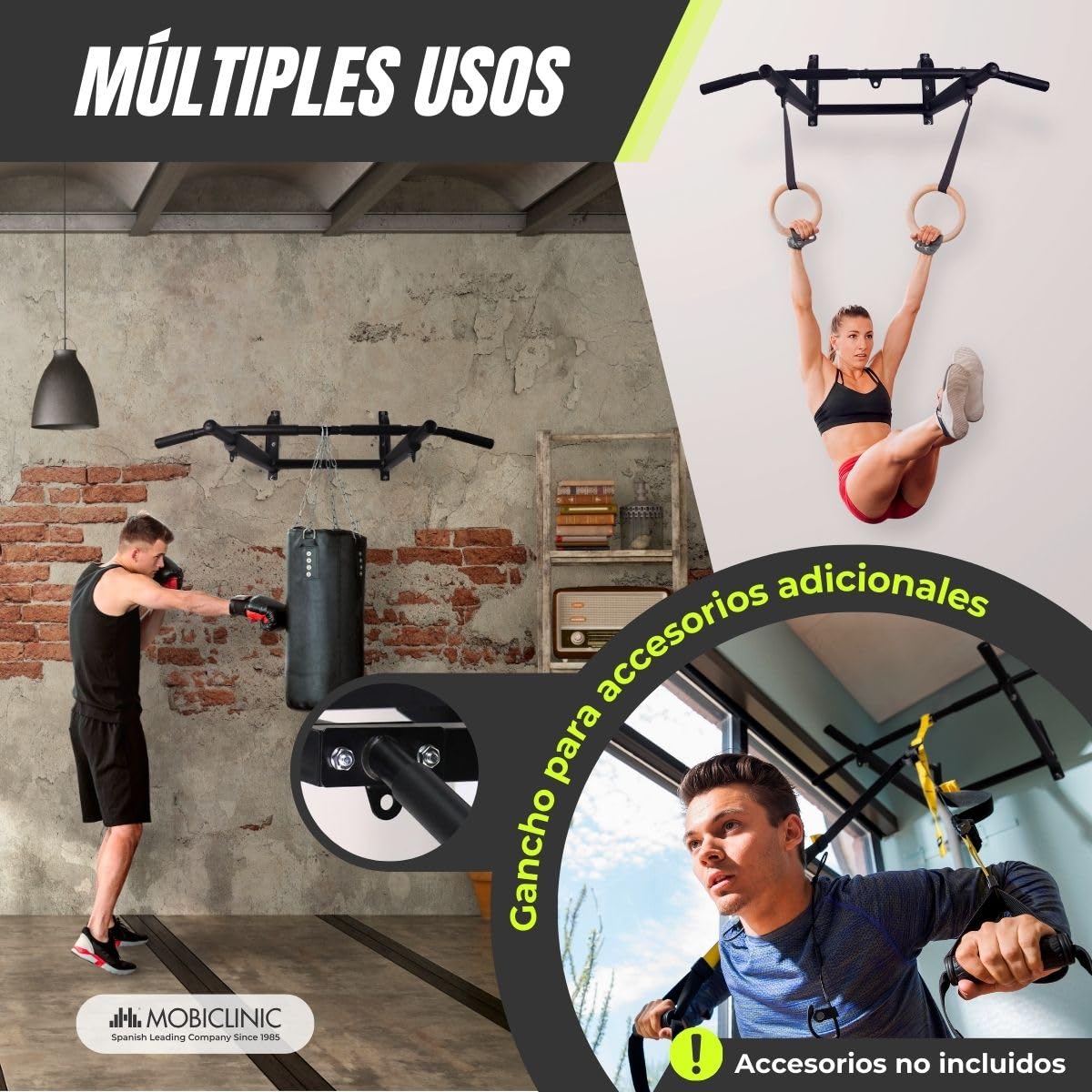 Mobiclinic®, Barra dominadas, Kit de anclaje incluido, Apto para saco boxeo, Asas antideslizantes, Pared, Hasta 250 kg, Multifuncional, Calistenia, Gimnasio en casa, K2
