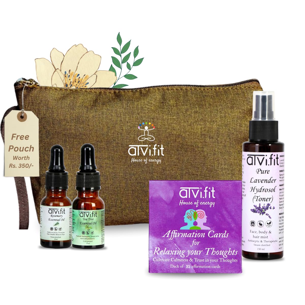 Atvi.fit Calming combo with free Pouch | Positive Affirmation cards for Relaxing your Thoughts,Tea Tree Oil 15ml,Lavender Hydrosol | |Natural Toner 150ml,Rosemary essential oil 15ml-image-1