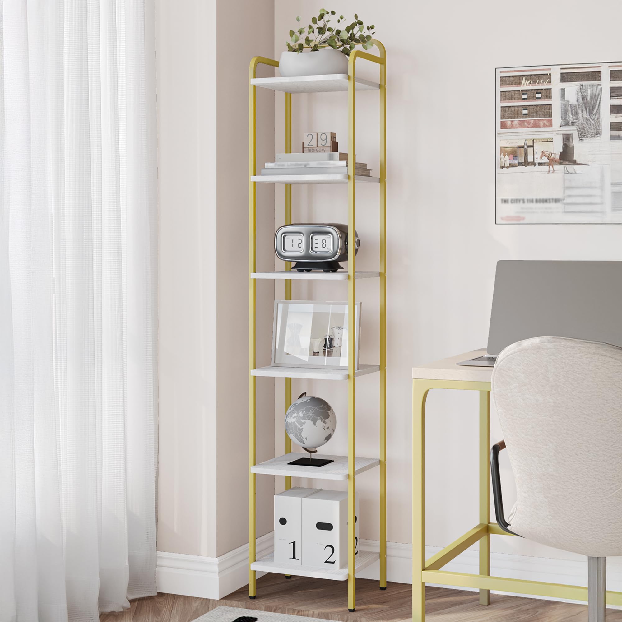 Hzuaneri 6-Tier Bookcase Bookshelf, Narrow Tall Bookcase, Slim Wooden Shelving Unit for Bedroom, Living Room, Home Office, Sturdy, White-Gold, BC24613G