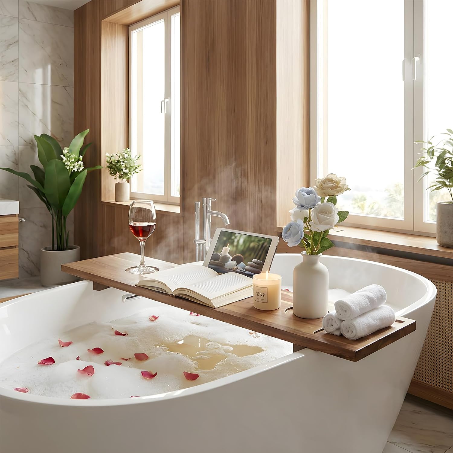Garvee Wooden Bathtub Tray with Expandable Design, Adjustable Fit, Honey Brown
