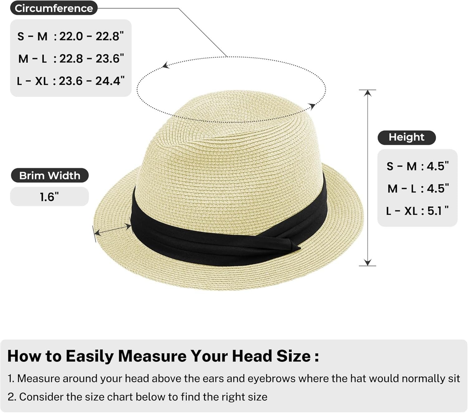 Sombrero Fedora Paja Panama Hombre Mujer con ala Corta Plegable Protección Solar UV UPF 50+ para Playa Verano, Crema, L