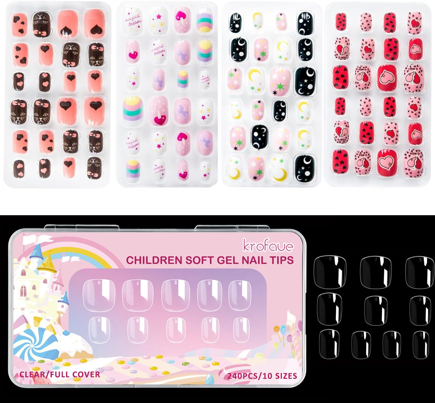 krofaue240Pcs Kids Short Clear False Nails Press on Nails for Kids - 96pcs 4 Pack Children Fake Nails Kids Girls Stick on Nails for Kids Full Cover Cute Pre-Glue Acrylic Fake Fingernails Kits Sets
