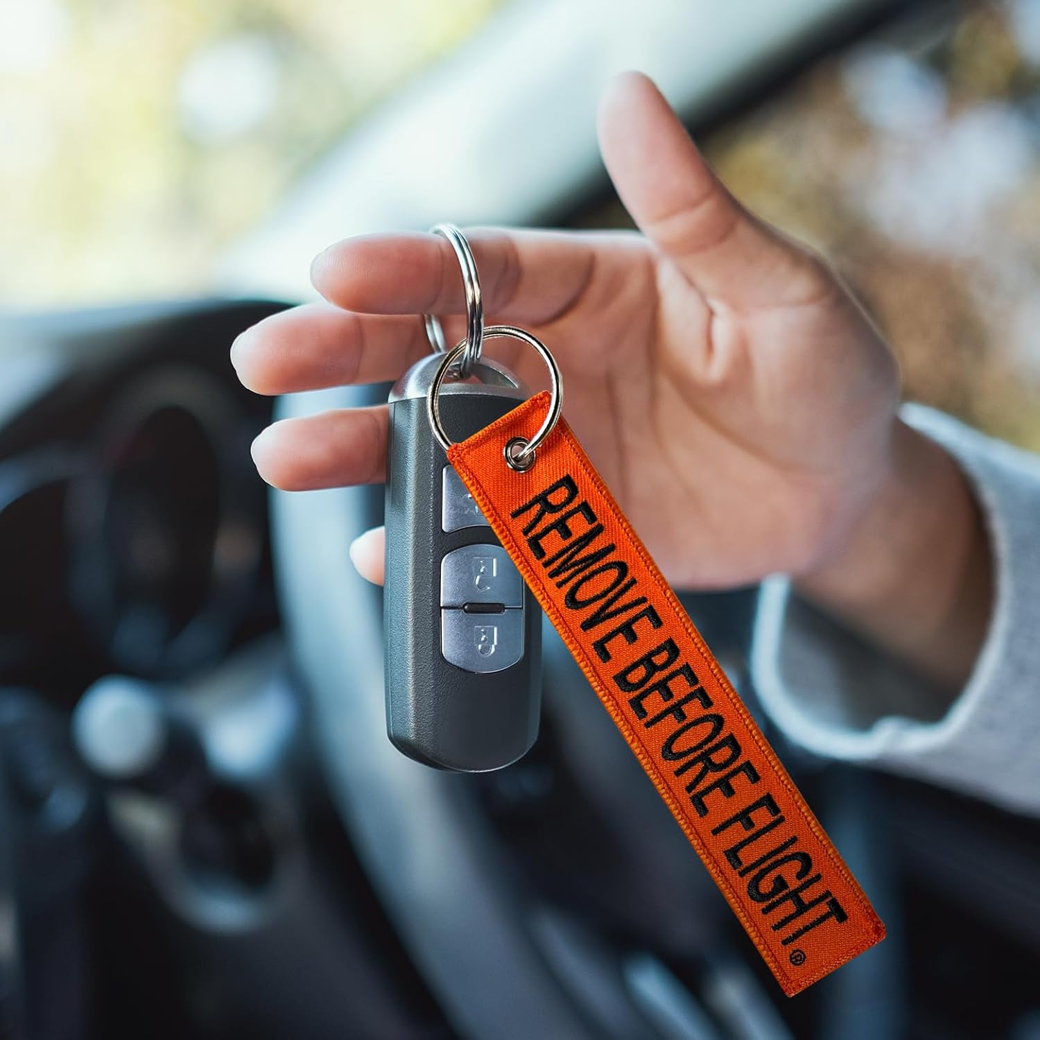 AIXEPA Orange/Black Remove Before Flight Fabric Keychain 5.5" x 1" (10-Pack)