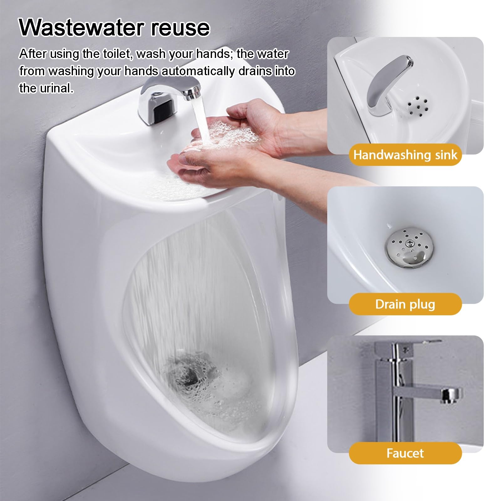 Urinario Cerámico de Pared con Lavabo Integrado, Ahorro de Agua, Descarga Completa, Fácil de Limpiar, 74×36×36 cm, Para Baño