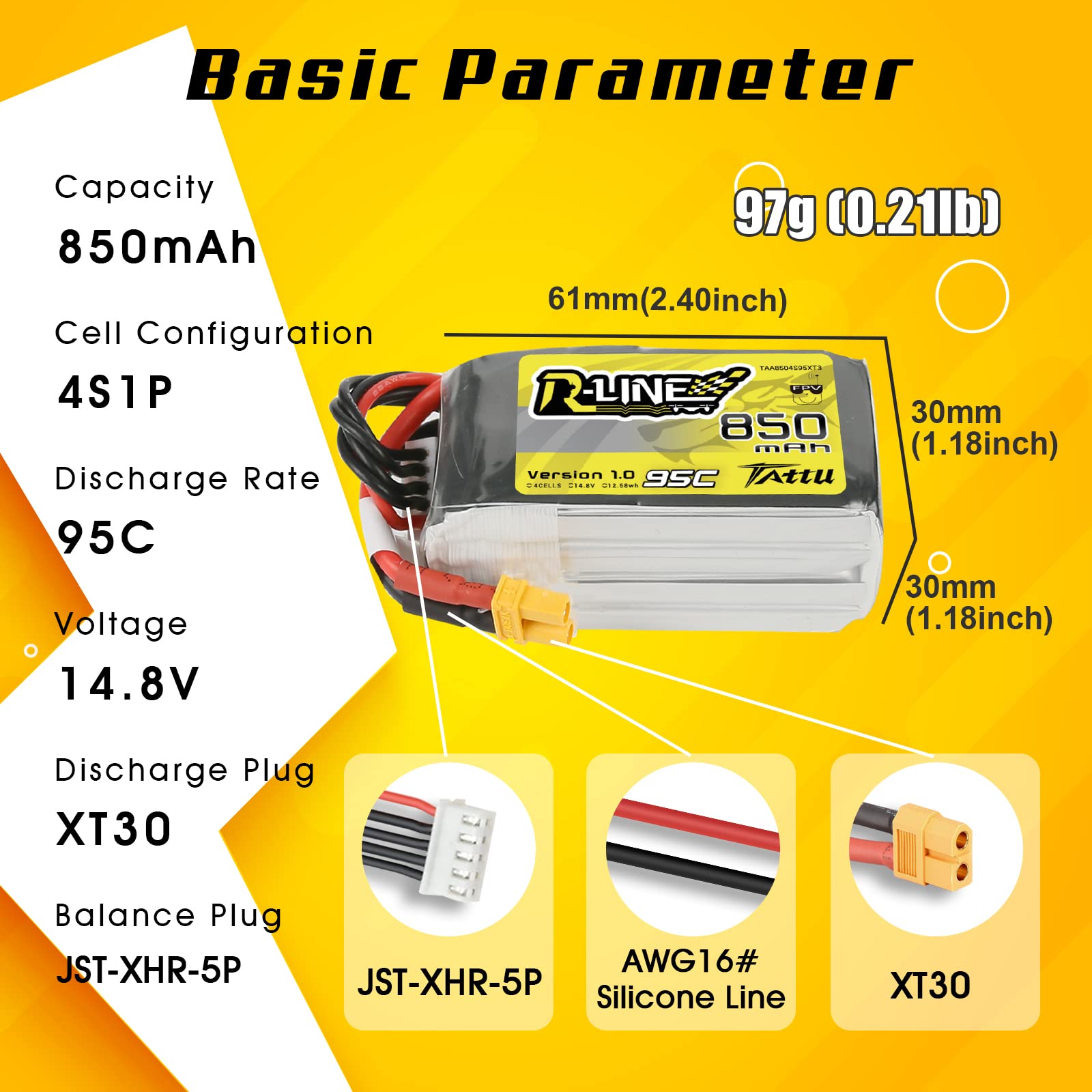 Tattu 4S Lipo Baterias 4S 850mAh 14.8V 95C Lipo Battery R-Line Series Pack con Conector XT30 es Adecuado para multirotor FPV de tamaño 100 a 180