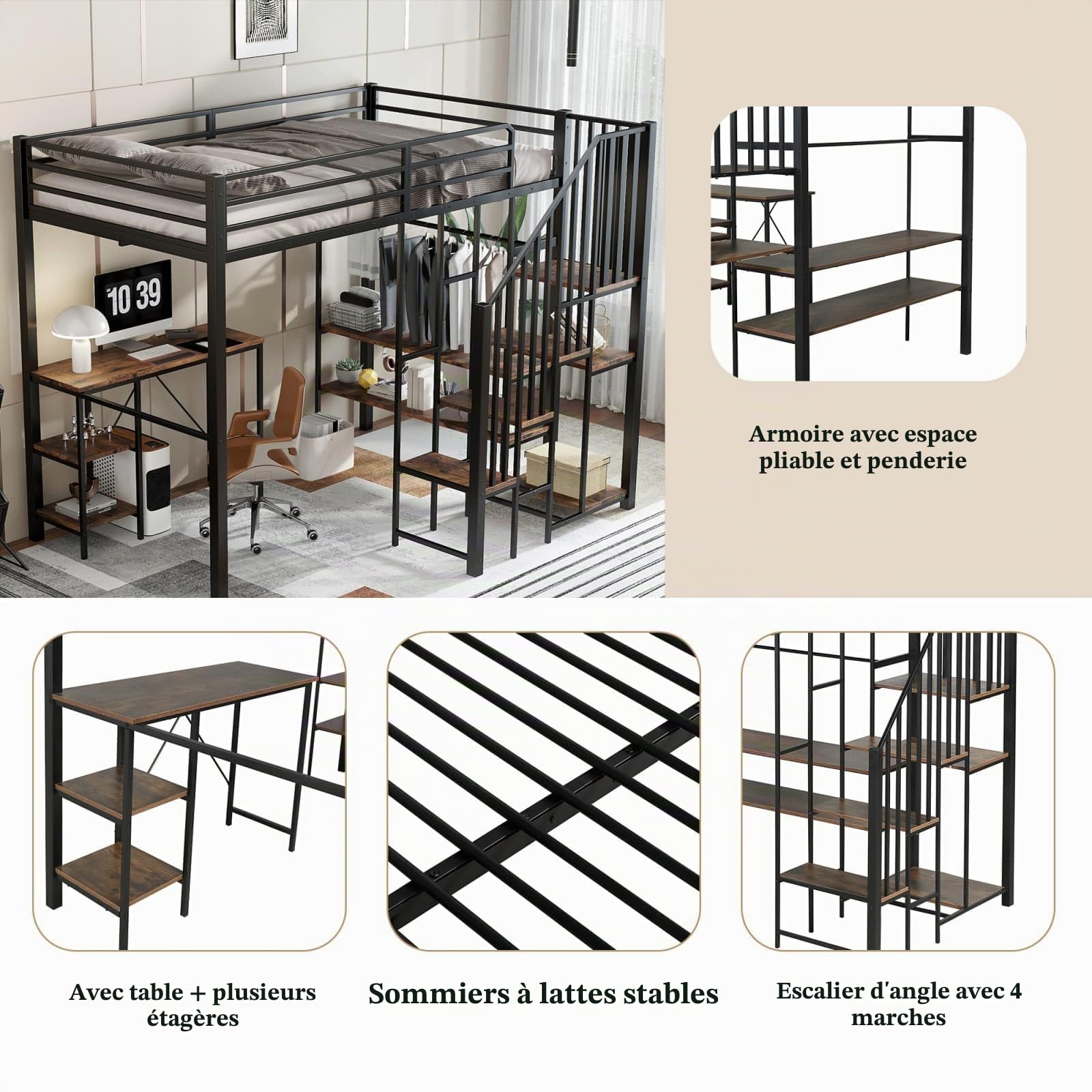 Lit Mezzanine en Fer, 120 x 200cm Lit en Hauteur, avec Bureau et Plusieurs étagères de Rangement, équipé d'un Escalier et Barrière de Sécurité(sans Matelas)