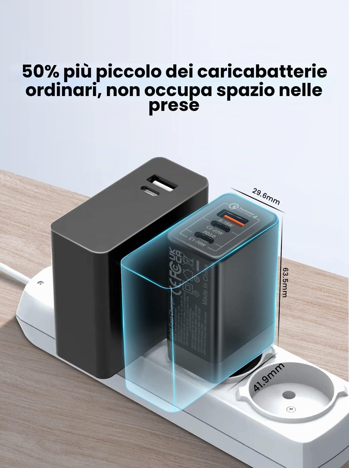 Caricatore USB C 70W 3 Porte PD3.0 GaN per MacBook Pro Dell XPS Google Pixel iPhone iPad Pro Samsung Galaxy