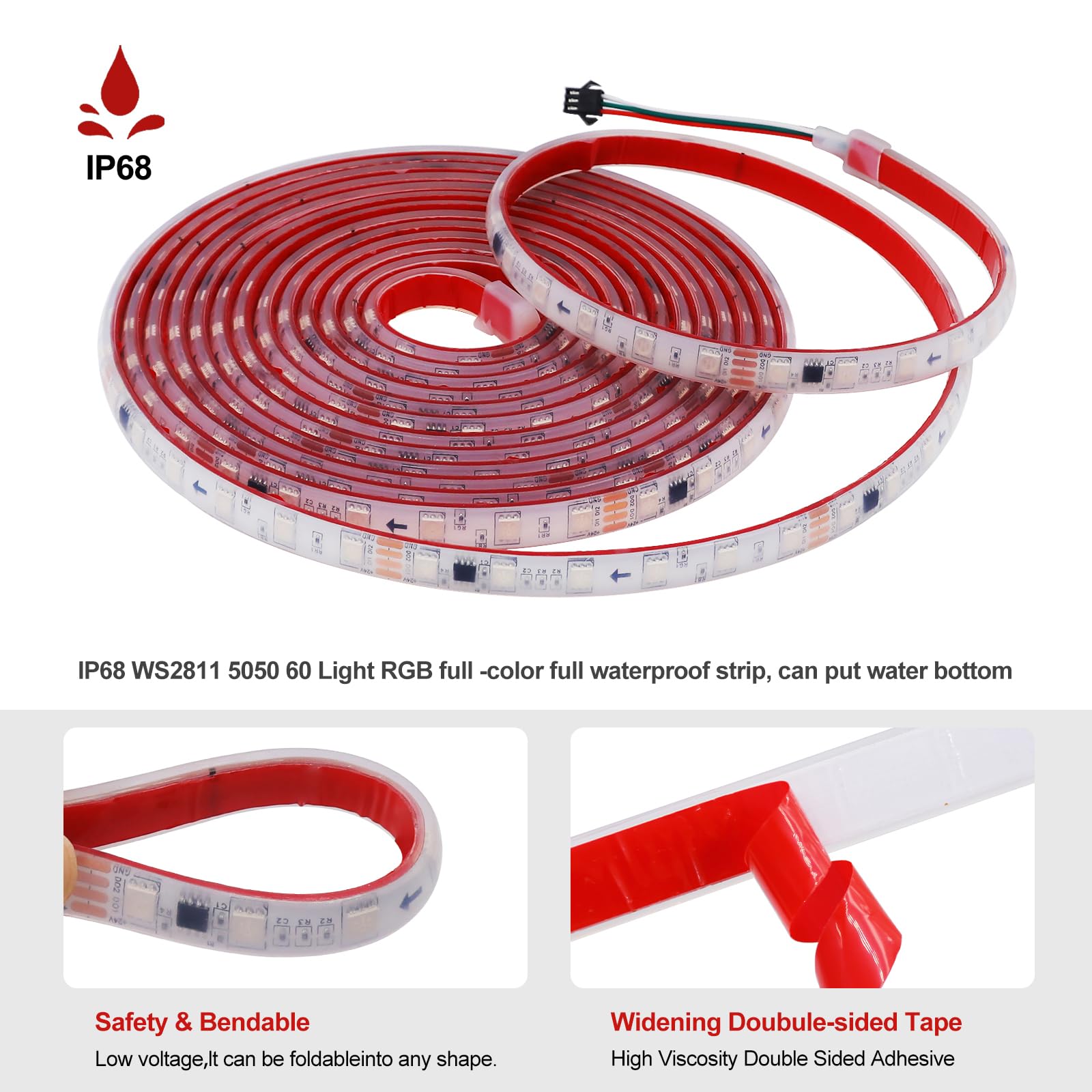 KISUFU 24V WS2811 Tiras LED, 5050 RGB LED Strip Light, 60 Leds/m Flexible IP68 Impermeable Flexible Neón LED Luces con Wifi music 24 teclas ir controlador para Habitación, Sala de Juegos, Fiesta.