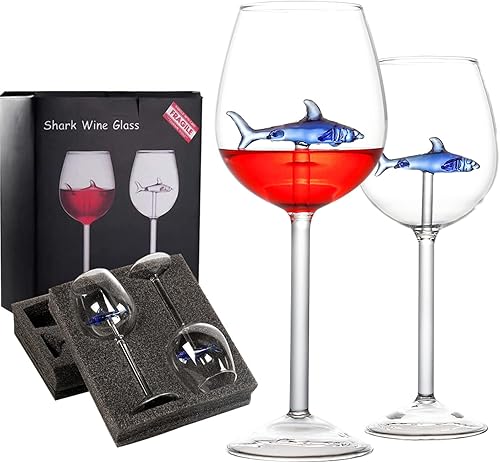 Vaso de vino con tiburón en el interior, copas de vino únicas de tiburón de color azul 3D (juego de 2), tiburón personalizado en tazas de vino