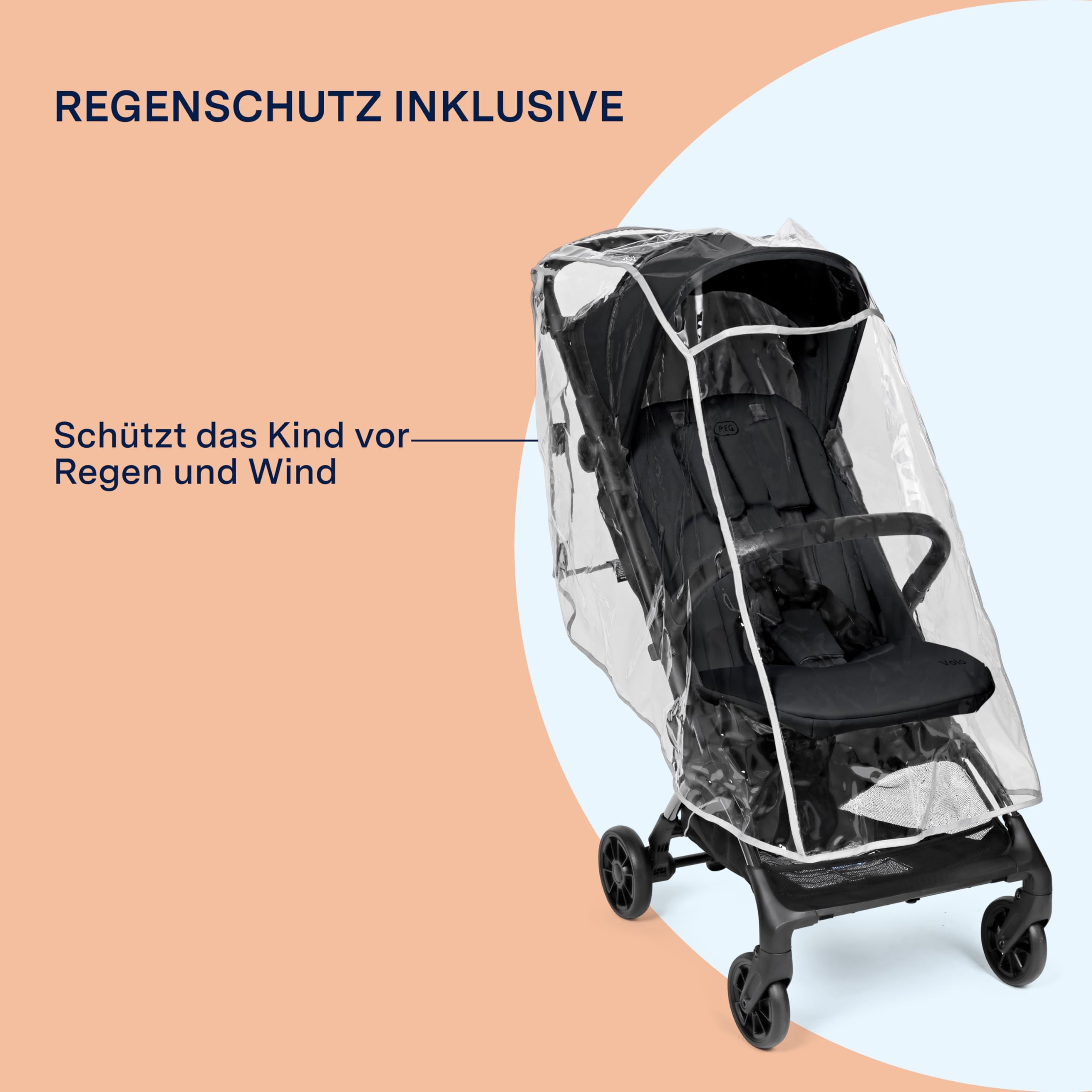 PEG Leichter Buggy Volo mit Regenschutz, Handgepäckgröße, Flugzeuggeeignet, Kompakt, Ab Geburt bis 22 kg, Reisetasche Inklusive, True Black