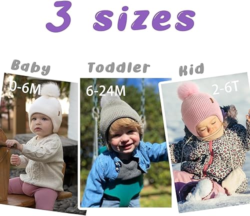 Miniatura 4 de Gorro de invierno para bebé, cálido forro polar, gorro de punto para niños con orejera, gorro de punto con pompón para recién nacidos, para niñas y