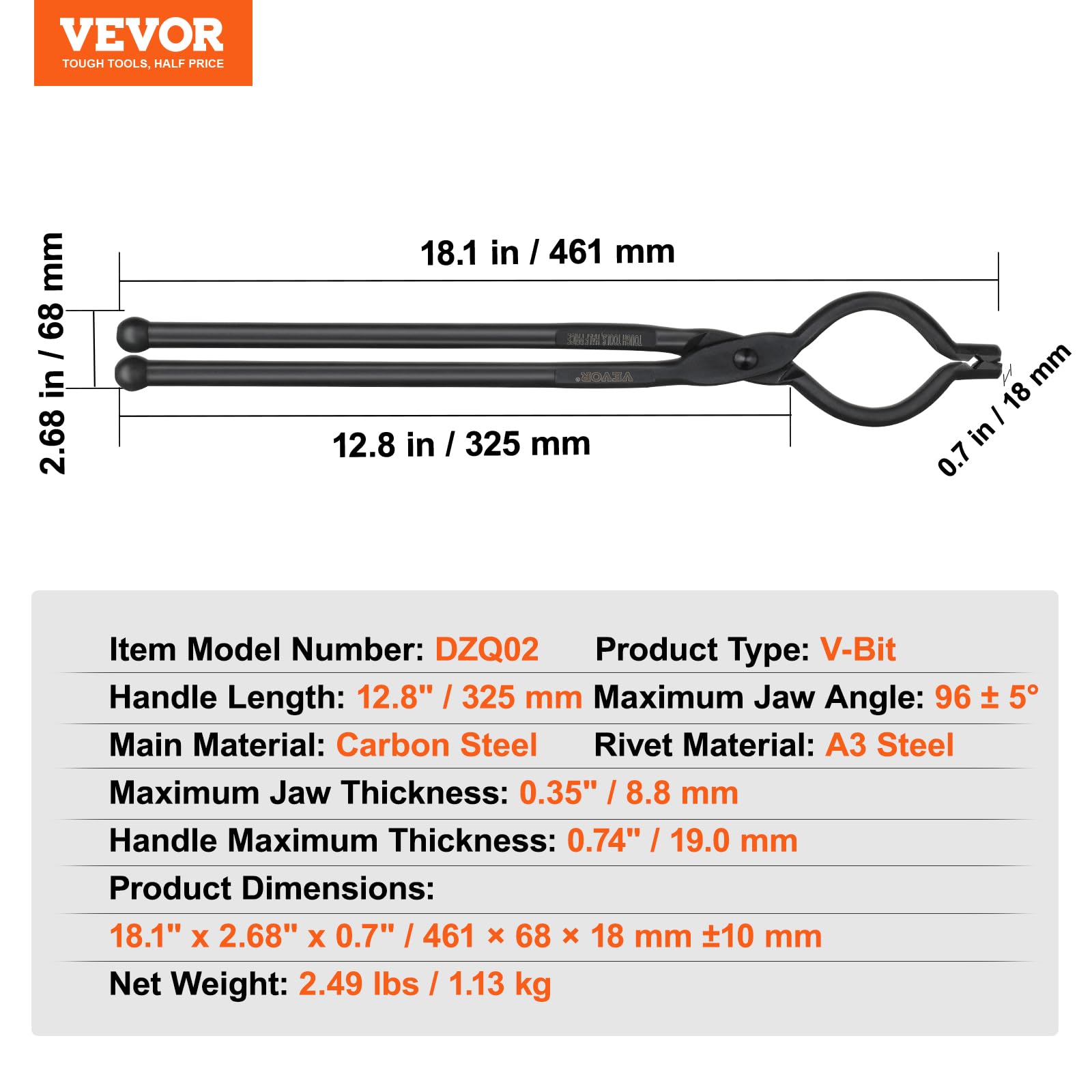 VEVOR Pince de Forge 46 cm Tenailles de Forge en V Durable en Acier au Carbone Long Manche Bonne Prise Opération Sûre Matériels de Forgeron pour Boulons Pièces Forgées en Forme de T et à Large Tête