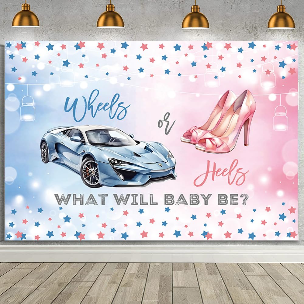 MEHOFOND 7x5ft Wheels or Heels Gender Reveal Backdrop Boy or Girl What Will Baby Be Decorations Banner Cars and High Heels Gender Reveal Baby Shower