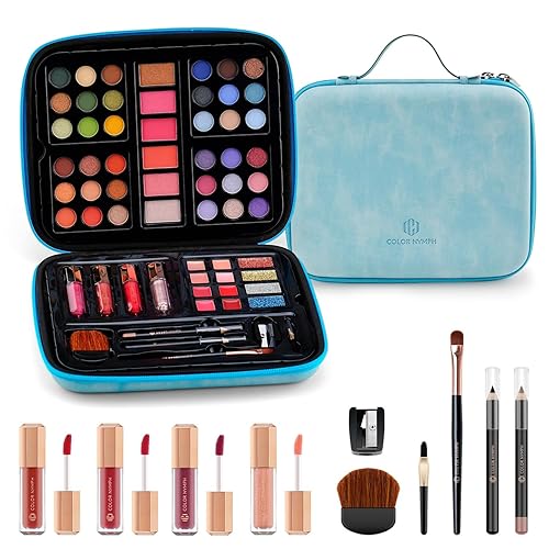 Color Nymph Kit completo de maquillaje para mujeres, kit de maquillaje todo en uno para profesionales con delicada funda láser azul, sombra de ojos