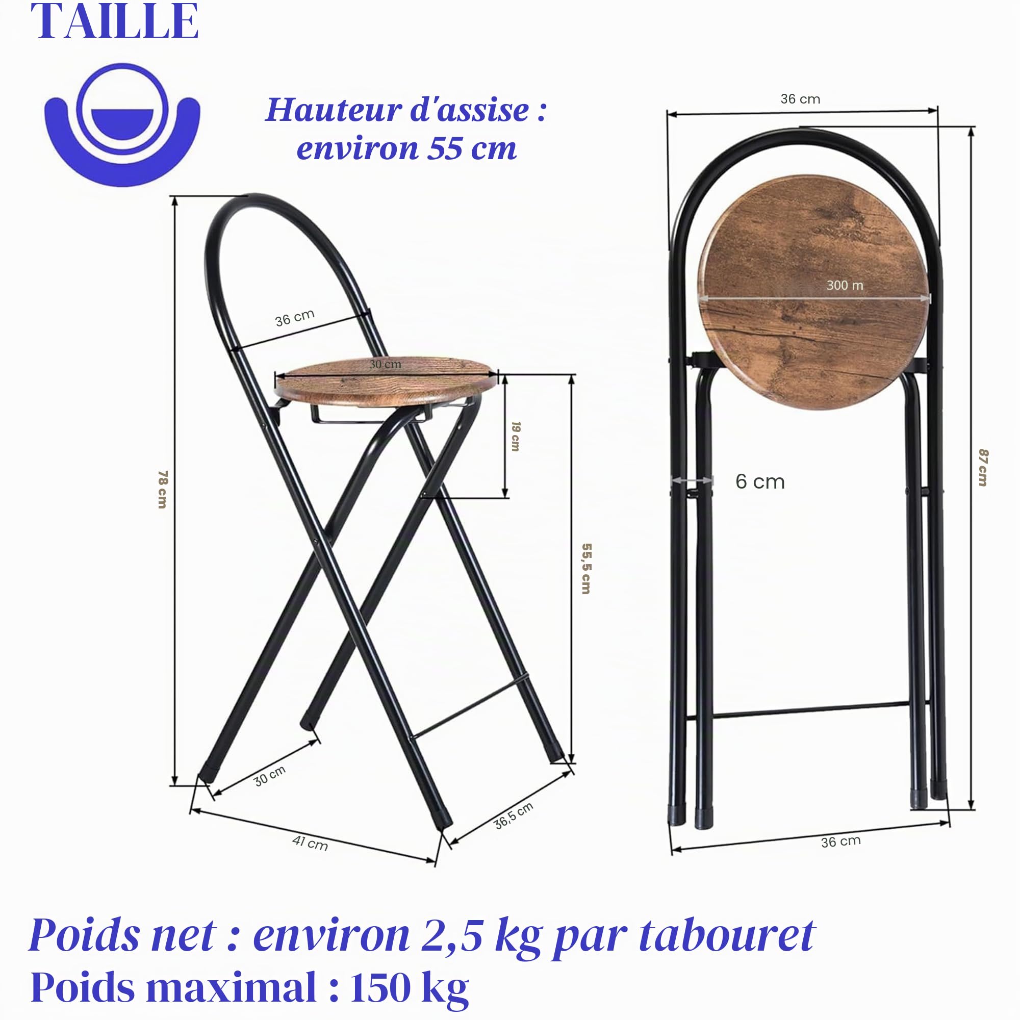 Tabouret Haut de Bar Pliant 1 Pièce, Tabouret et Chaise de Bar Haute Pliante Pliable avec Dossier pour Exterieur Interieur Camping Jardin Balcon Salon/Assise Marron/Hauteur D'Assise 55CM