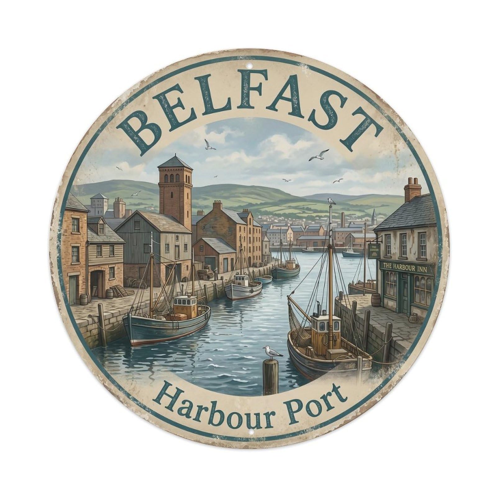 Vintage Travel Belfast Harbour Port Metal Tin Sign Plaque Wall Decor for Cafe, Club, Garden Round Metal Poster 8x8Inch