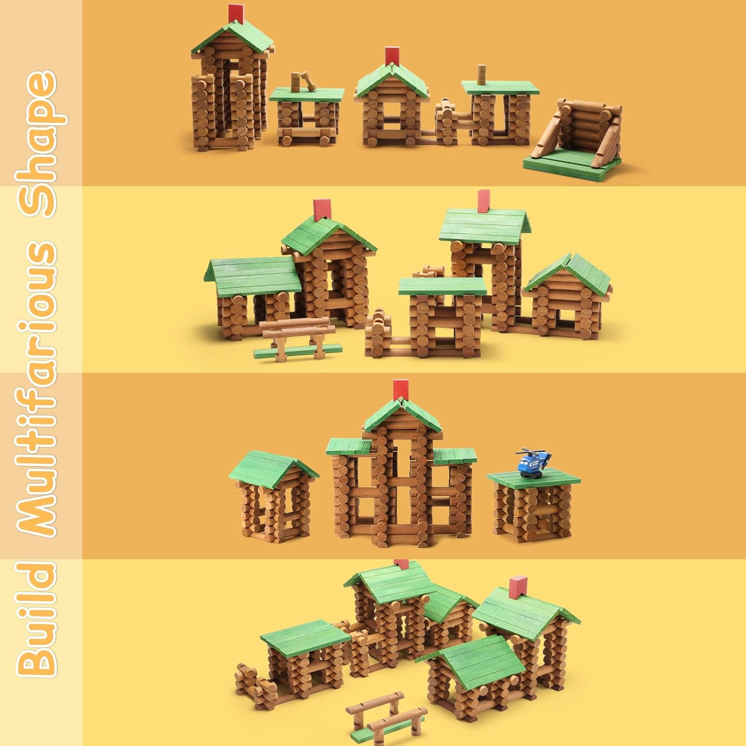 SainSmart Jr. 480 PCS Wooden Log Cabin Set with Storage Box, Building House Toy for Toddlers with 7 Toy Cars, Classical STEM Construction Kit Compatible with Lincoln Logs, Ideal Gift for Ages 3+