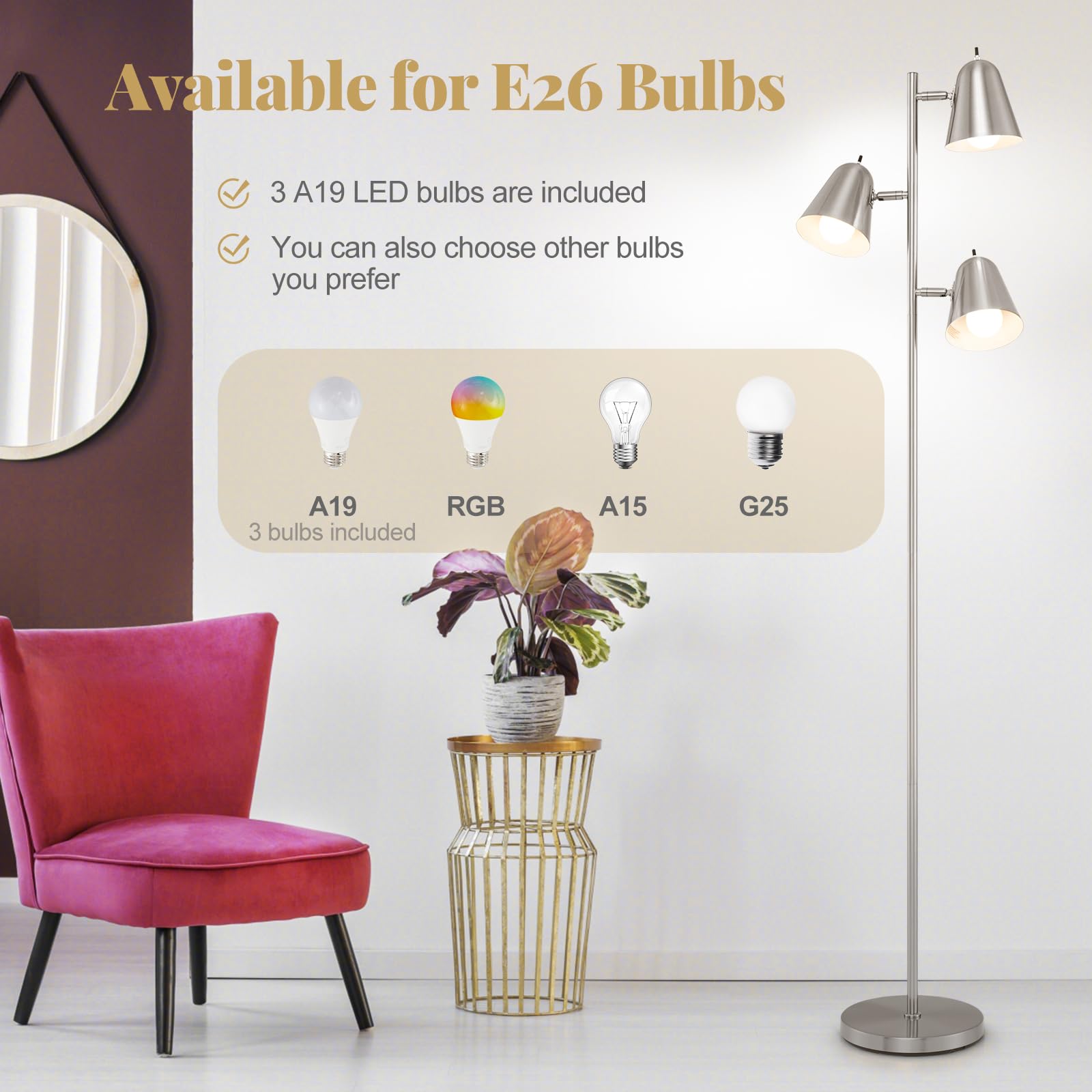 FANTASK 163cm Stehlampe, Lesestehlampe mit 3 E27 Glühbirnen & 360° verstellbaren Lampenschirmen & schwerer Fuß, Retro Stehlampen für Wohnzimmer, Schlafzimmer, Büro (Silber)