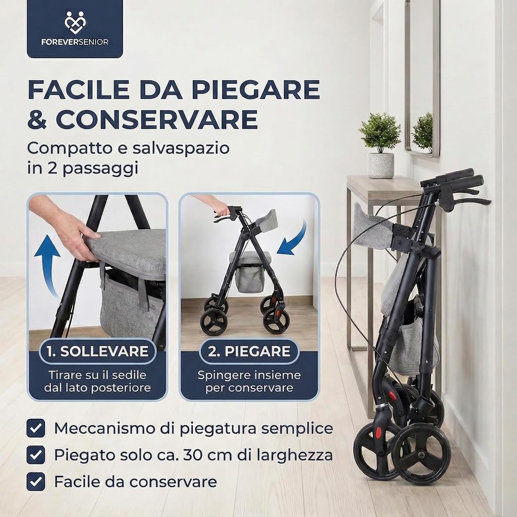 Deambulatore Rollator Pieghevole Leggero 9 kg con Seduta – Girello per Anziani in Acciaio, Borsa e Schienale Imbottito, Design Stretto per Interno ed Esterno