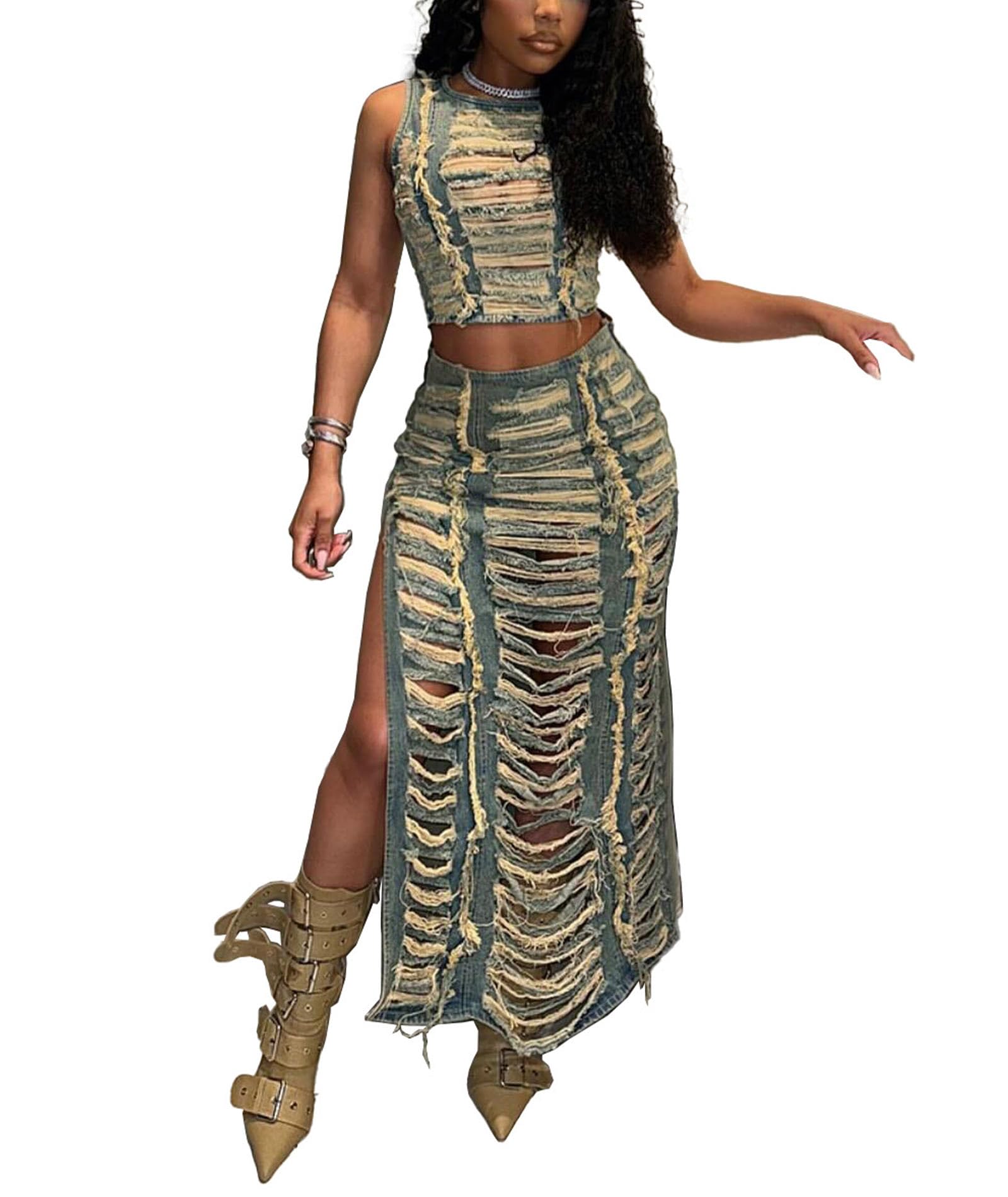 SEMATOMALA Womens Jeans Skirt Two Piece Outfits Ripped Distressed Hollow Out Crop Tank Tops and Split Maxi Skirts