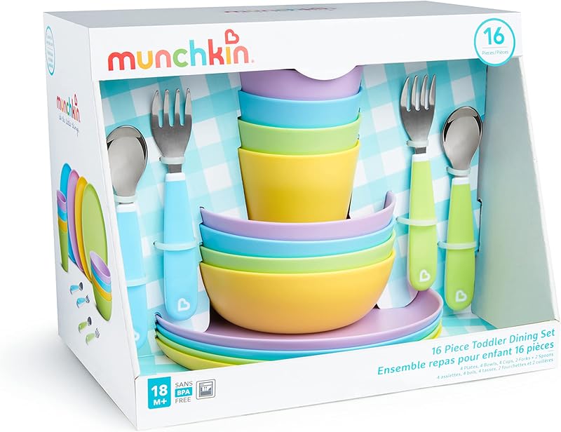 Juego de suministros de alimentación para bebés y niños pequeños Munchkin® de 16 piezas: incluye platos, tazones, tazas y utensilios