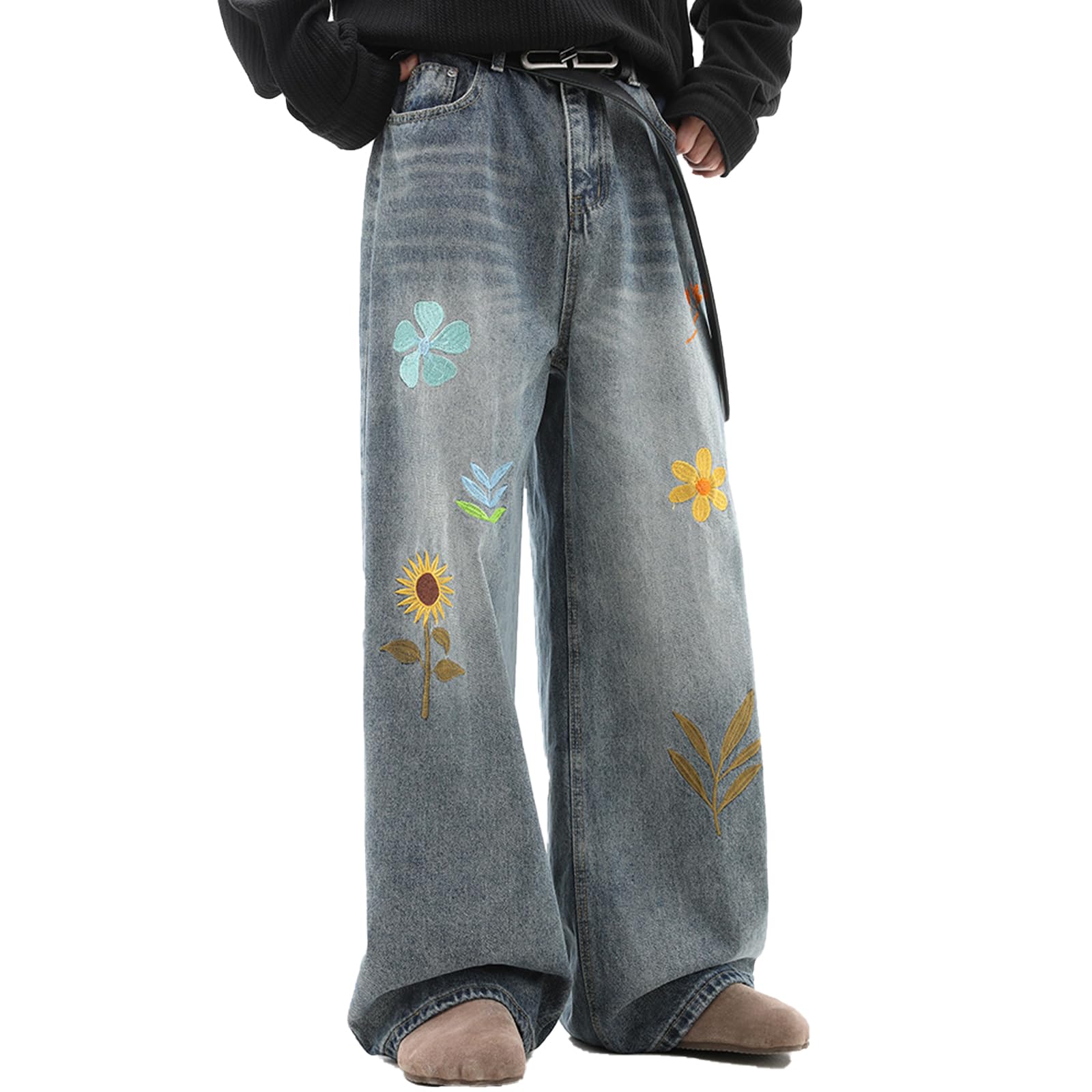 Herren Floral Stickerei Mid Rise Gerade Jeans Hip Hop Streetwear Lose Lässige Breite Bein Hosen