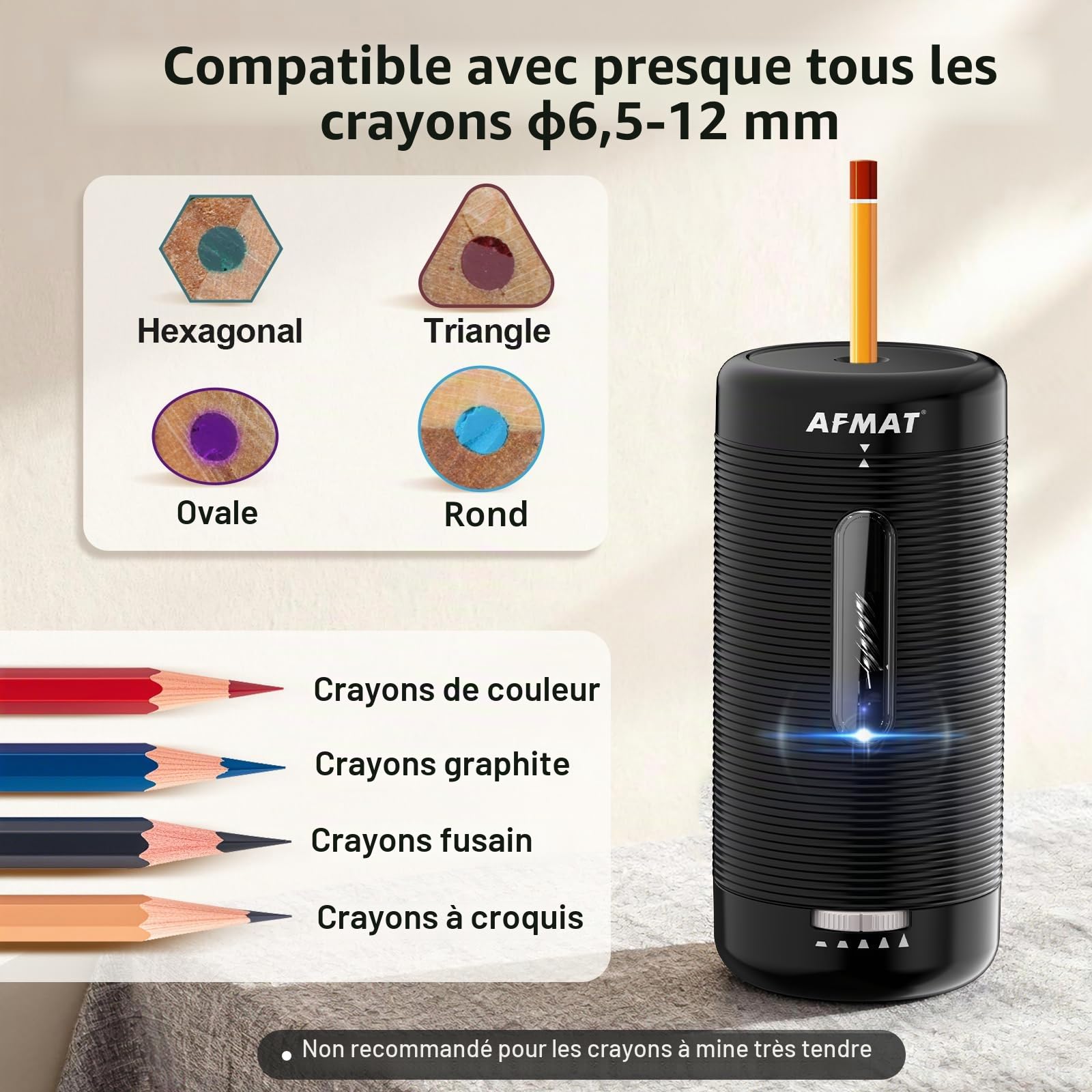 AFMAT Taille-crayon électrique entièrement automatique avec récipient, rechargeable pour crayons de 6,5 à 12 mm, entrée et sortie automatique, arrêt automatique pour la maison, le bureau, l'école