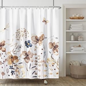 Wild Flower Shower Curtain,Brown Floral Elegant Shower Curtain Set for Bathroom,Butterfly Dragonfly Garden Fabric Bath Curtain with Hooks, 72x72in