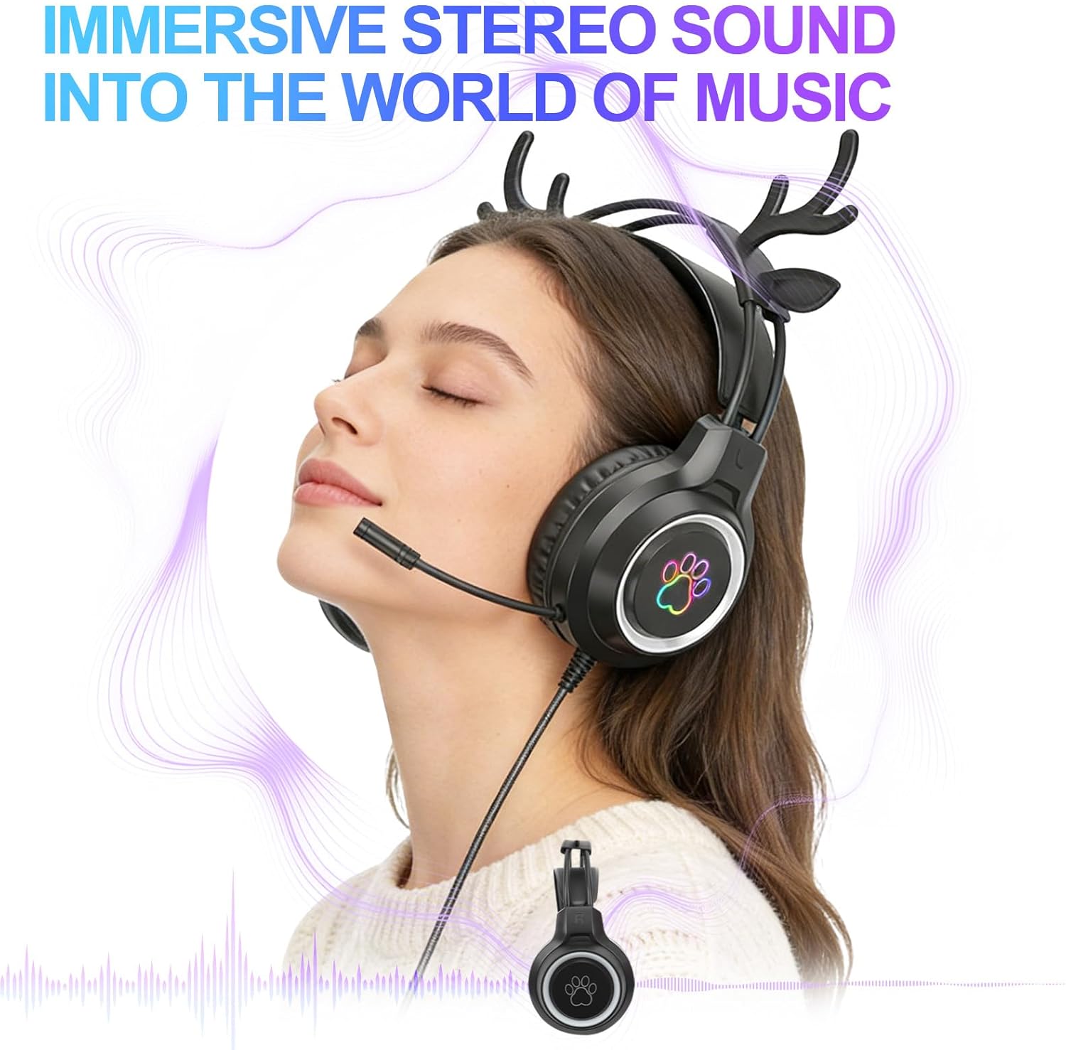 Wired Over-Ear Headphones for PS5 with Microphone + Wireless Neckband Sports Earbuds, Gaming Headset for PC/Nintendo Switch/Mobile, Great Audio Gift for Teenagers Gamers, Black Deer Ears