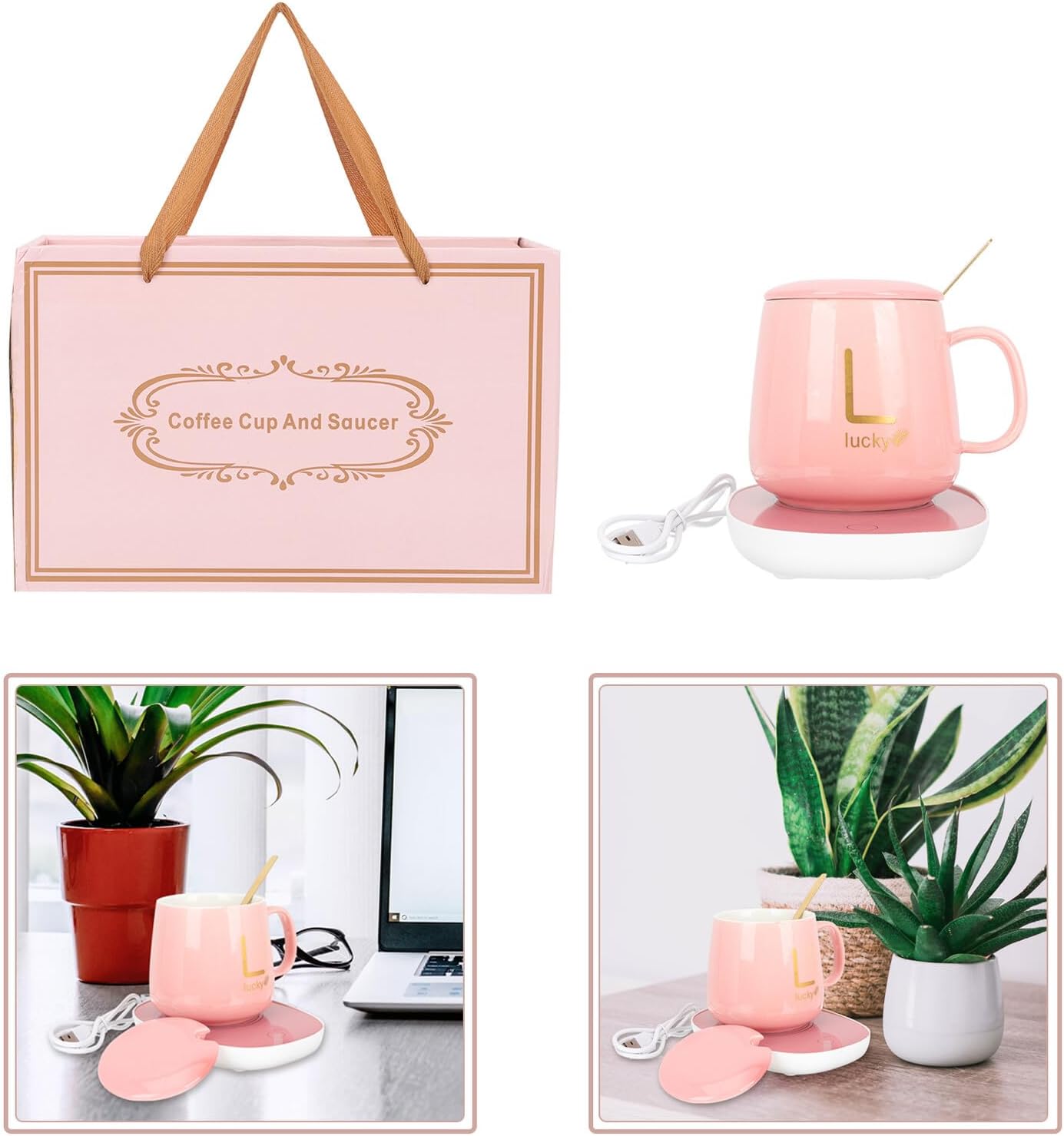 Gadpiparty Heat Preservation Cup with USB Gravity Sensor Thermostatic Warmer Plate for Home Office Pink Insulated Mug Keeps Coffee Tea Warm All Day
