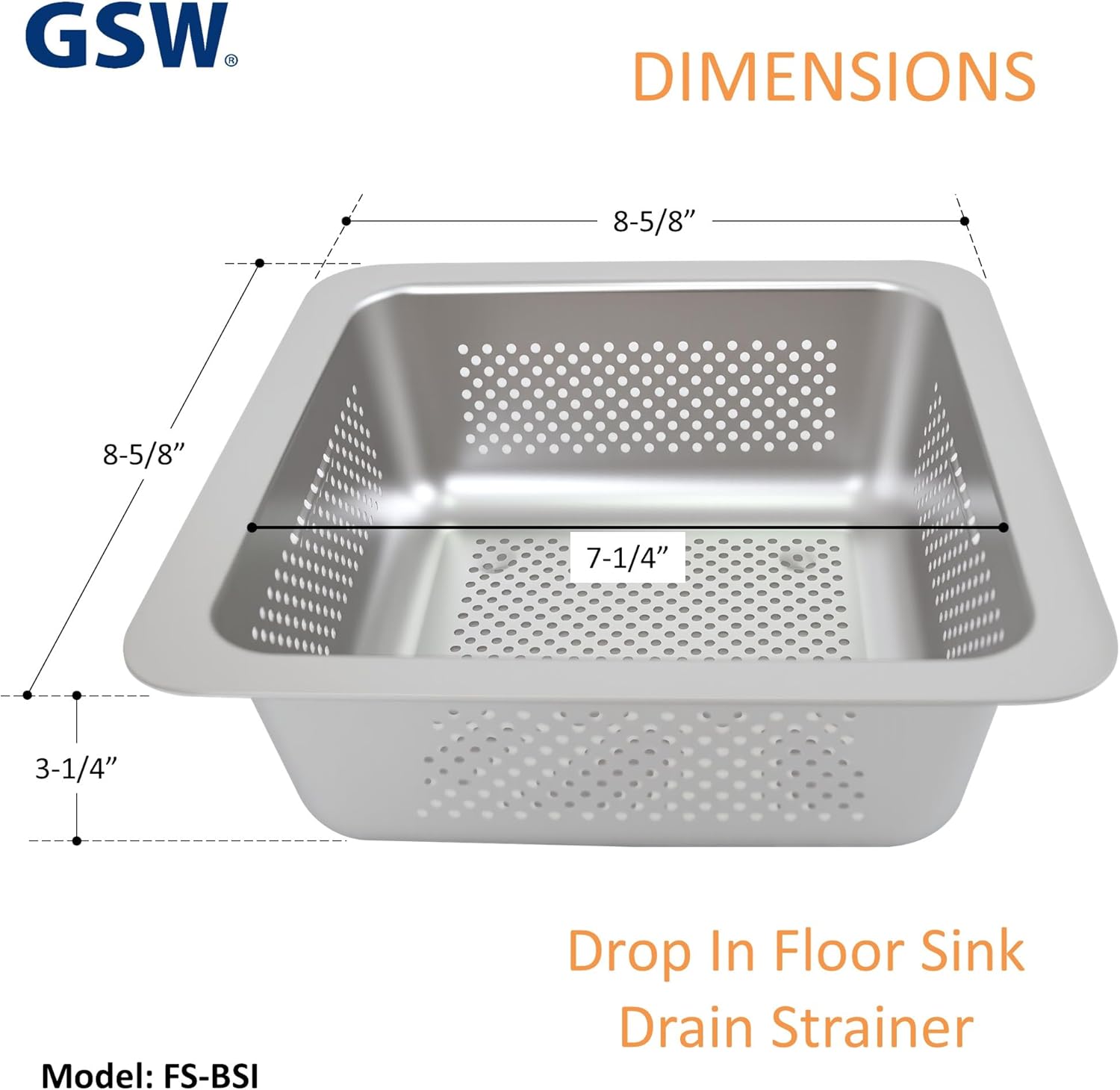 GSW FS-BSI Drop-in Stainless Steel Floor Sink Basket, 8-½” x 8-½” x 3"- Perfect for Restaurant, Bar, Buffet