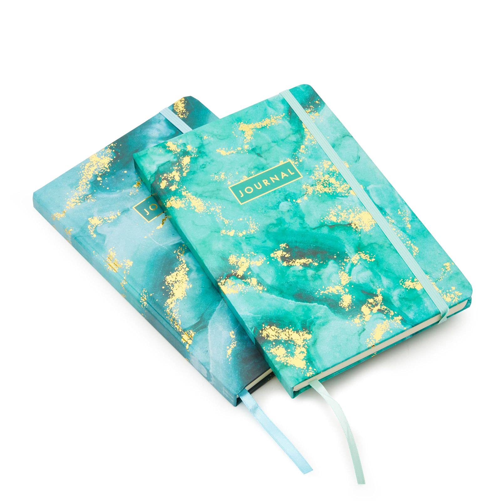 Paper Junkie 2 Pack Marble Hardcover Journals 5.5" x 8" Lined Lay Flat Notebooks (Teal with Gold Foil)