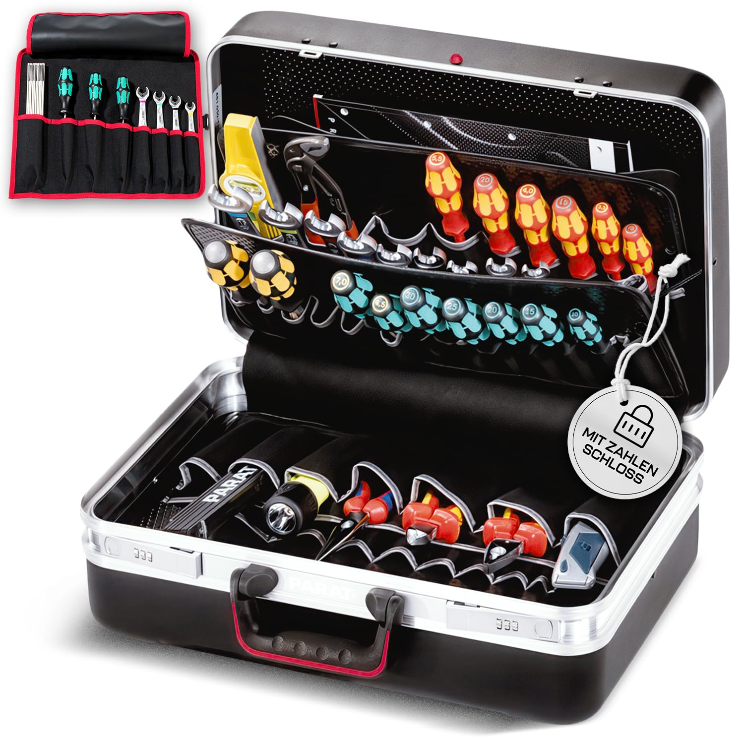 PARAT Classic Plus Safe - Maletín de herramientas con cerradura de combinación para 50 herramientas, incluye funda enrollable básica 8, robusta caja de herramientas con marco de aluminio, caja de