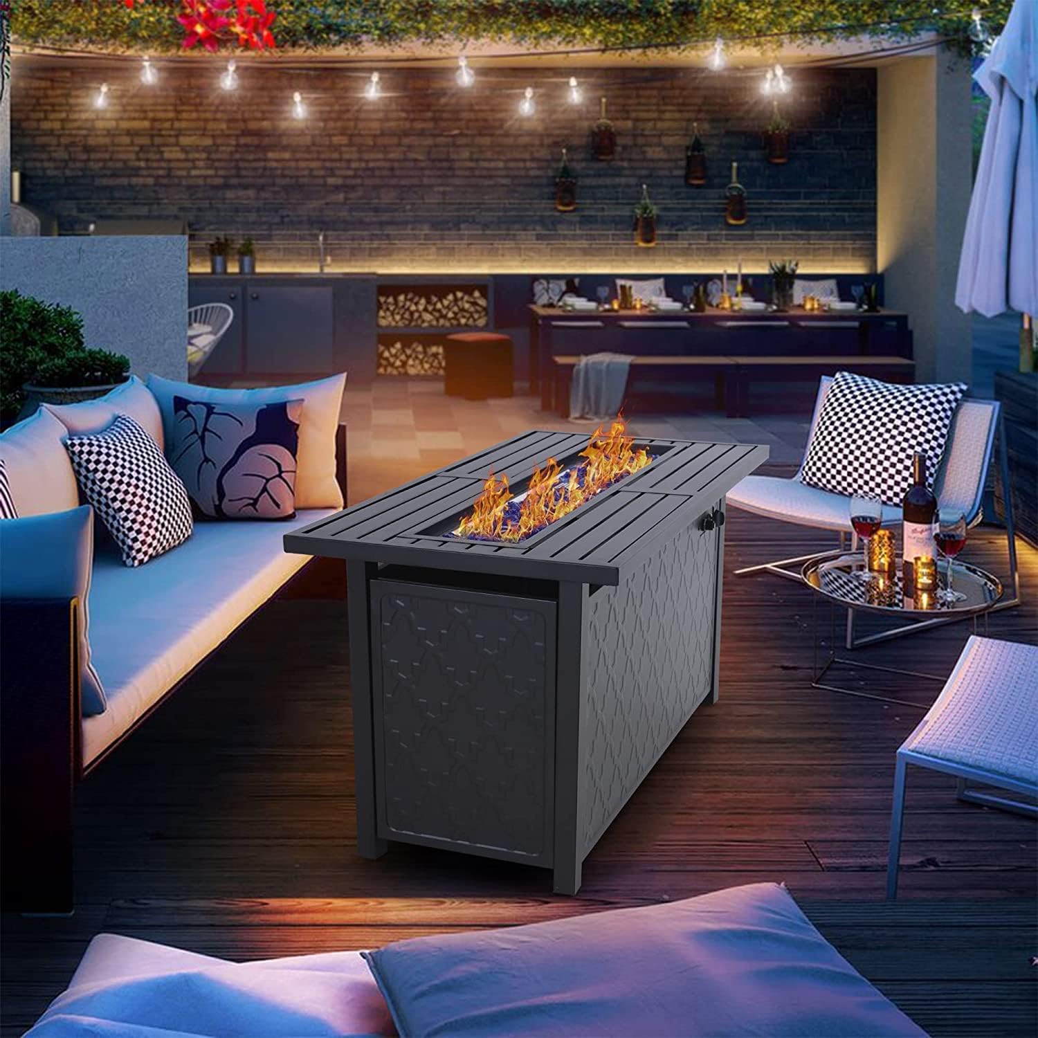 PHI VILLA Gas Fire Pit Table, 45 Inch Large Long Rectangular Outdoor Patio Propane 50000 BTU Fire Table with Lid and Blue Fire Glass, Black