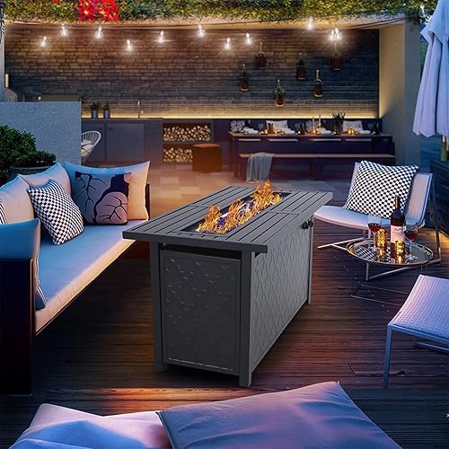 Miniatura 6 de PHI VILLA Mesa para fogata de gas, 45 pulgadas, rectangular, grande, larga, para exteriores, propano 50000 BTU, mesa de fuego con tapa y vidrio azul