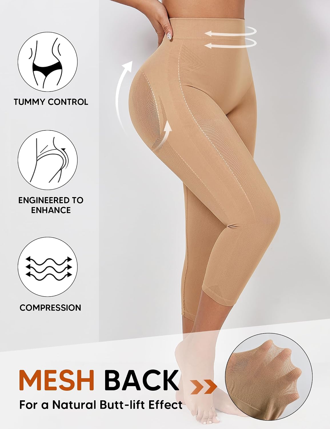 Lamourose Seamless Shapewear Leggings Butt Lifting Capri Thigh Slimmer Body Shaper for Women Tummy Control
