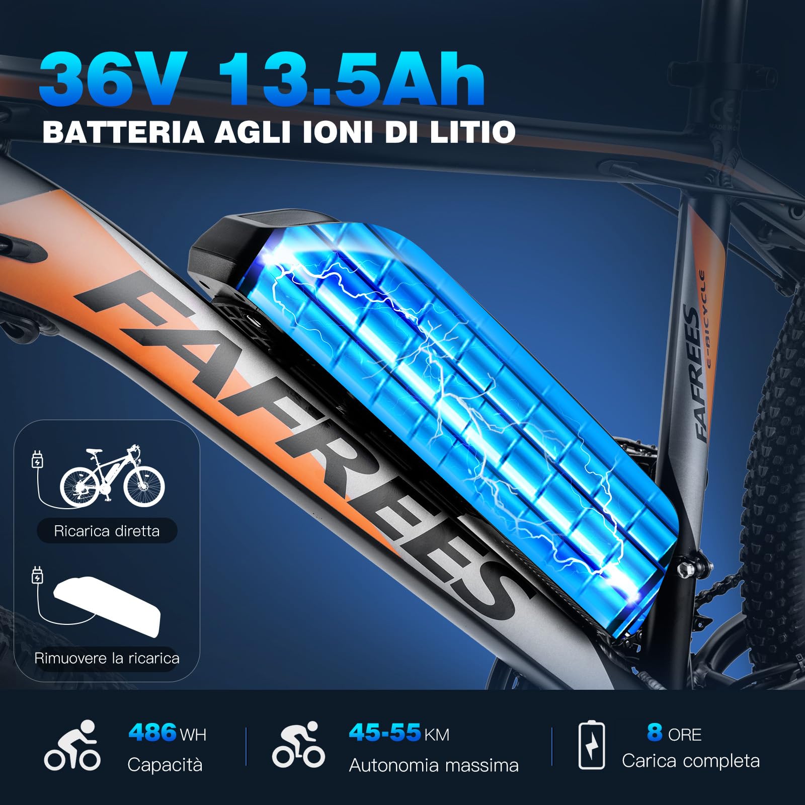Fafrees Bici Elettrica 26" Mountain Bike Elettrica 21 Velocità Batteria Rimovibile 36V13.5Ah EBike Uomo Donna Adulti con Pedalata Assistita, Freni a Disco Meccanici, Autonomia di 80-100km